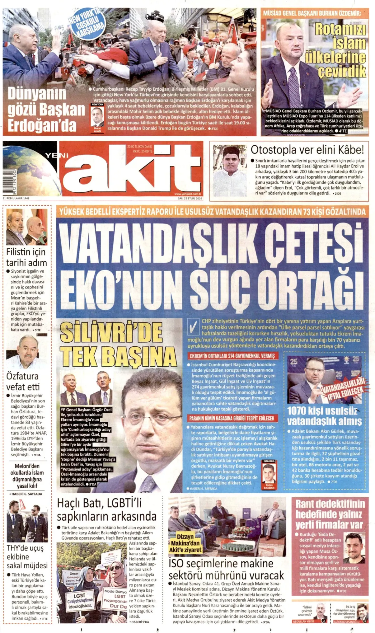 Yeni Akit birinci sayfa manşeti (23 Eylül 2026)