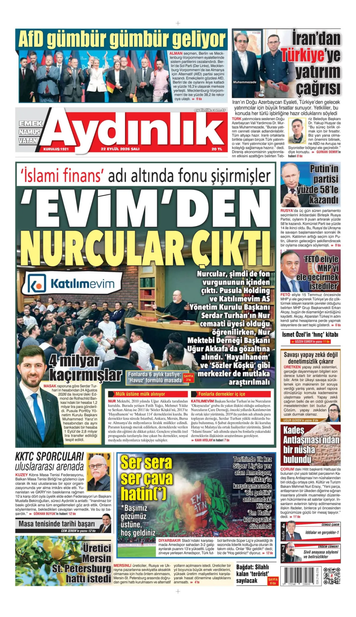 Aydınlık birinci sayfa manşeti (23 Eylül 2026)