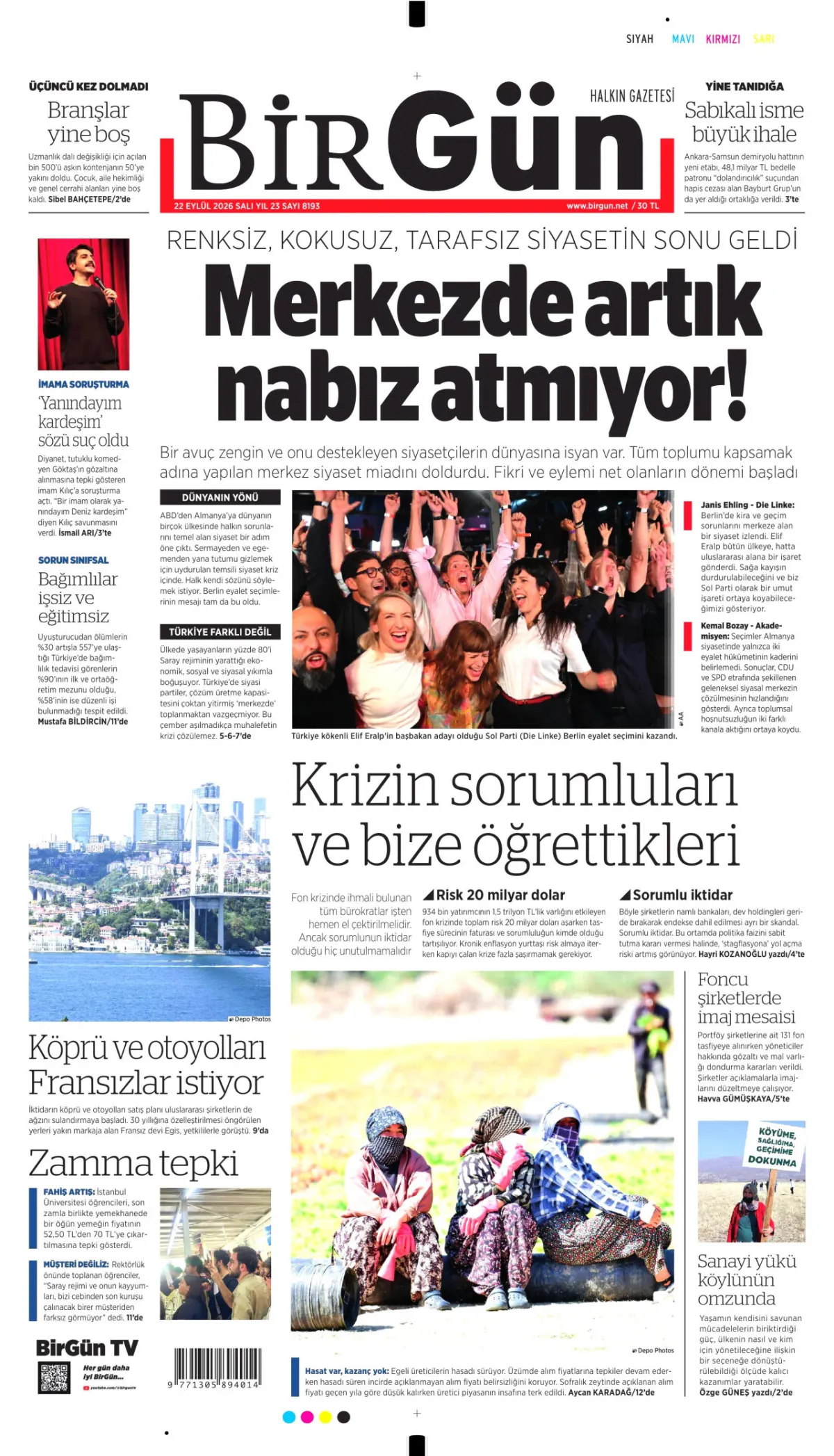 BirGün birinci sayfa manşeti (23 Eylül 2026)