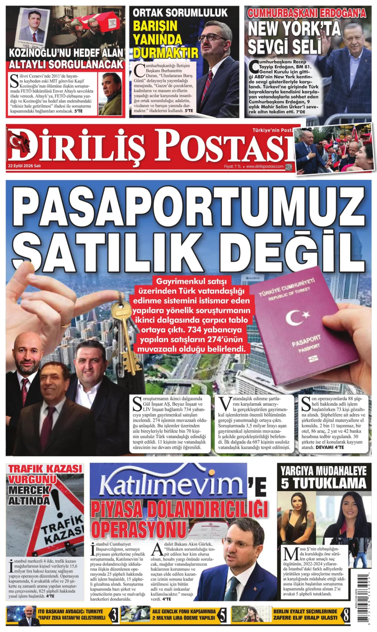 Diriliş Postası birinci sayfa manşeti (23 Eylül 2026)