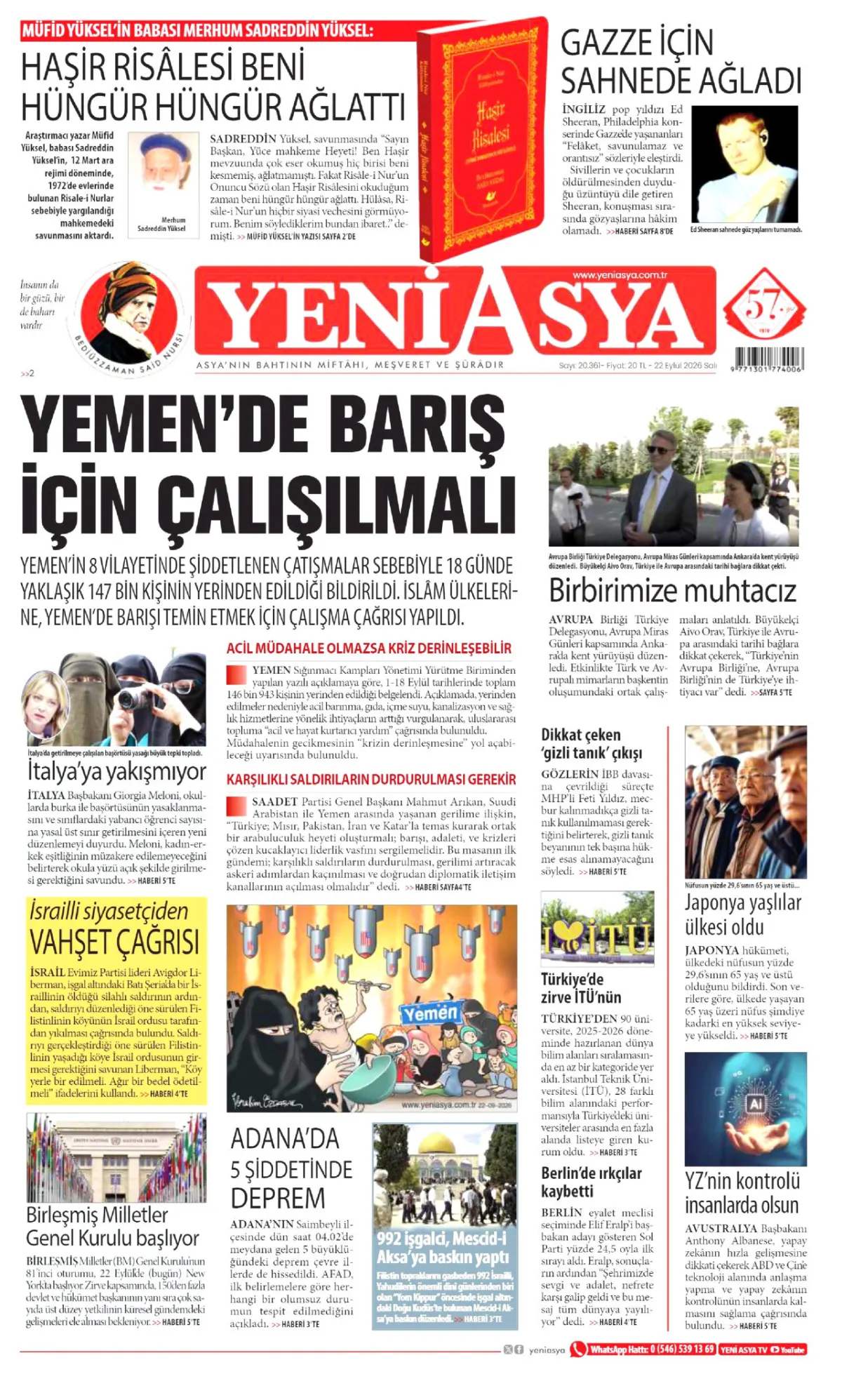 Yeni Asya birinci sayfa manşeti (23 Eylül 2026)