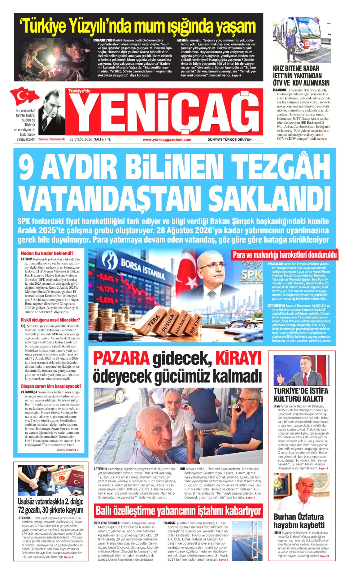 Yeniçağ birinci sayfa manşeti (23 Eylül 2026)