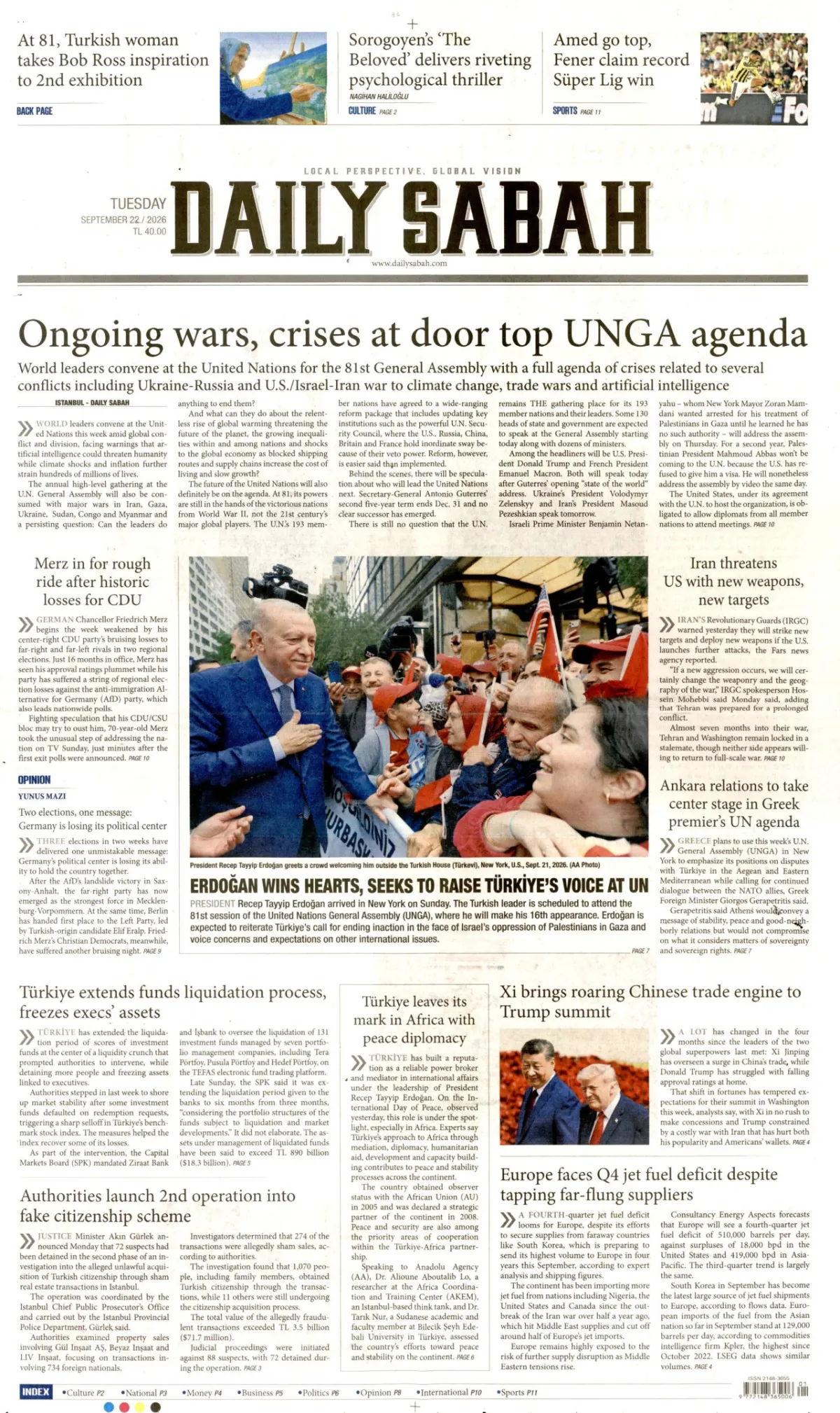 Daily Sabah birinci sayfa manşeti (23 Eylül 2026)