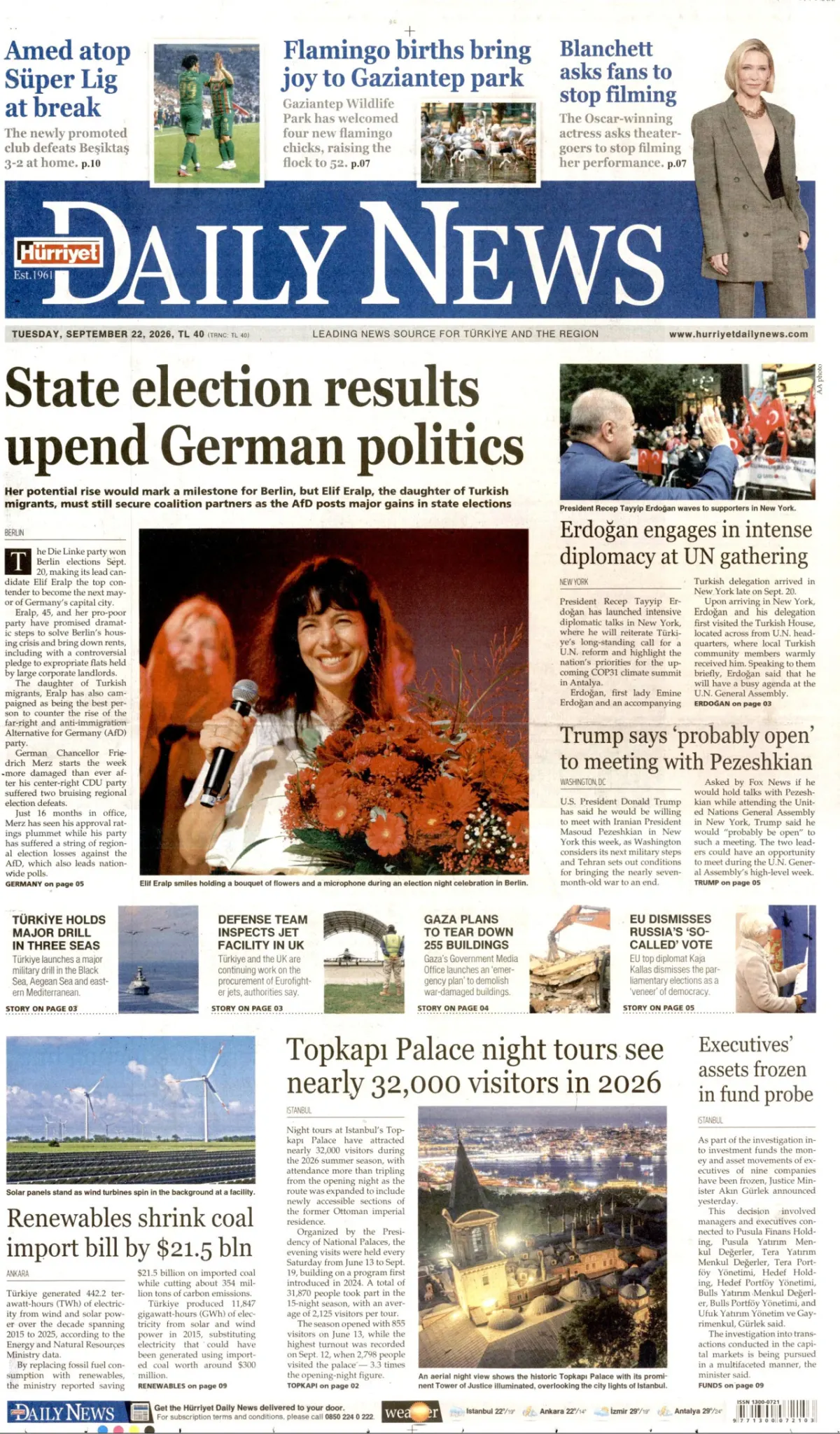 Hürriyet Daily News birinci sayfa manşeti (23 Eylül 2026)