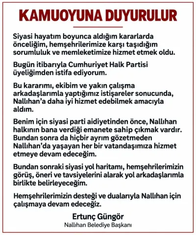 Nallıhan Belediye Başkanı Ertunç Güngör CHP'den İstifa Etti