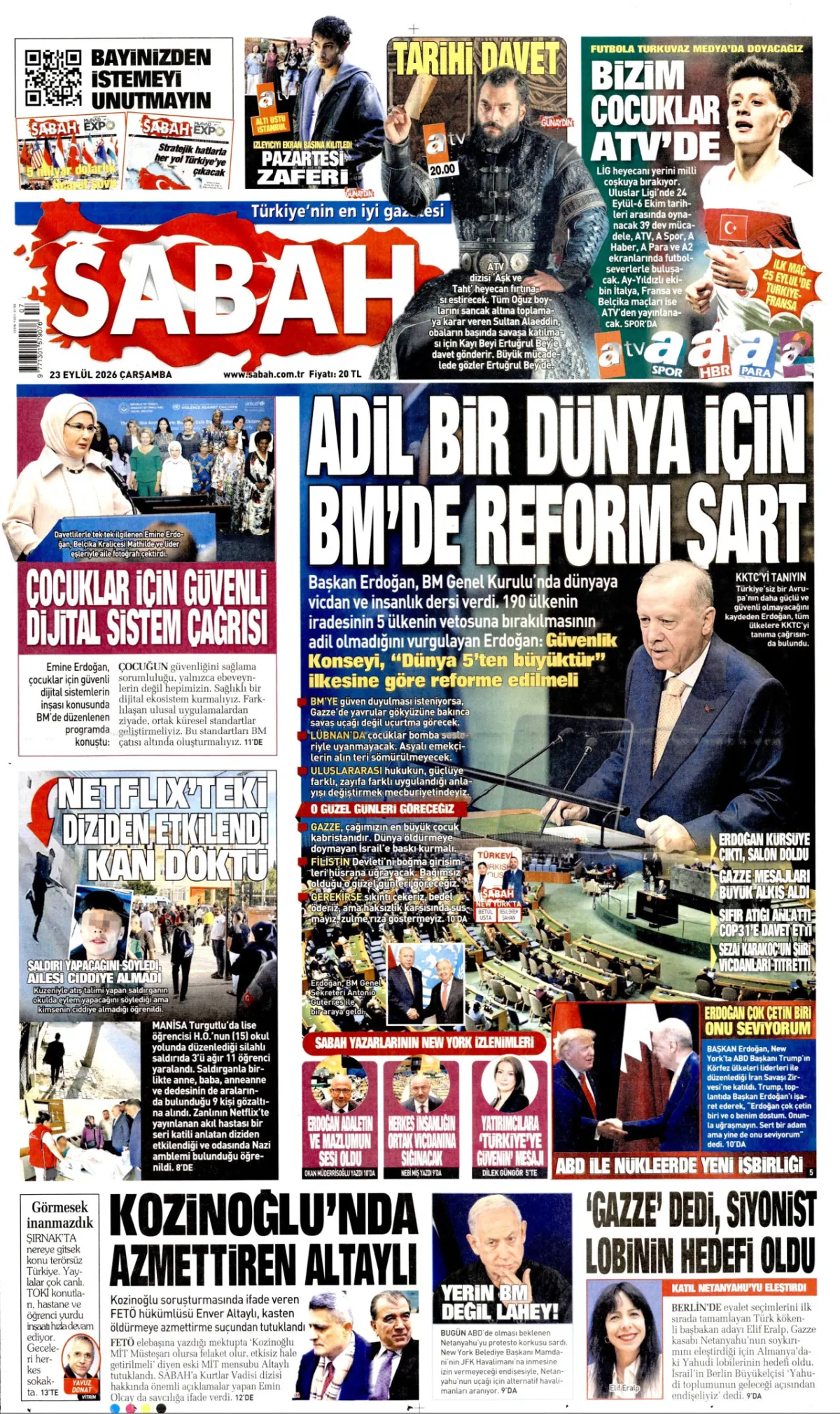 Sabah birinci sayfa manşeti (24 Eylül 2026)