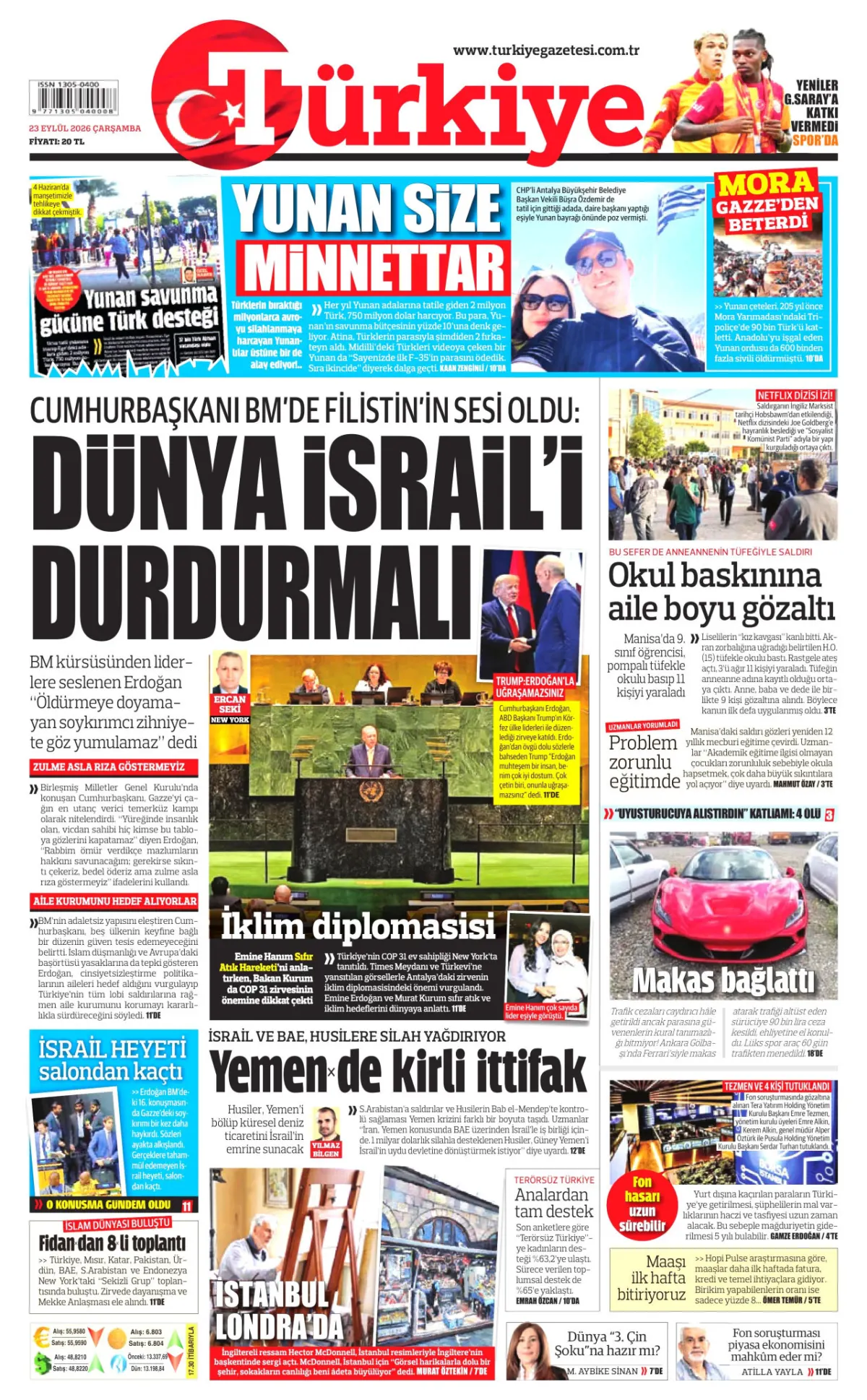 Türkiye birinci sayfa manşeti (24 Eylül 2026)
