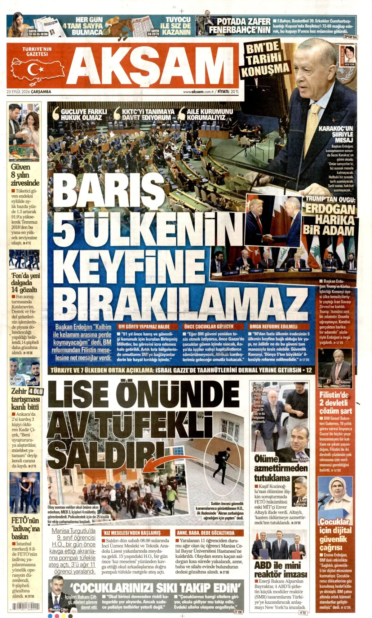 Akşam birinci sayfa manşeti (24 Eylül 2026)
