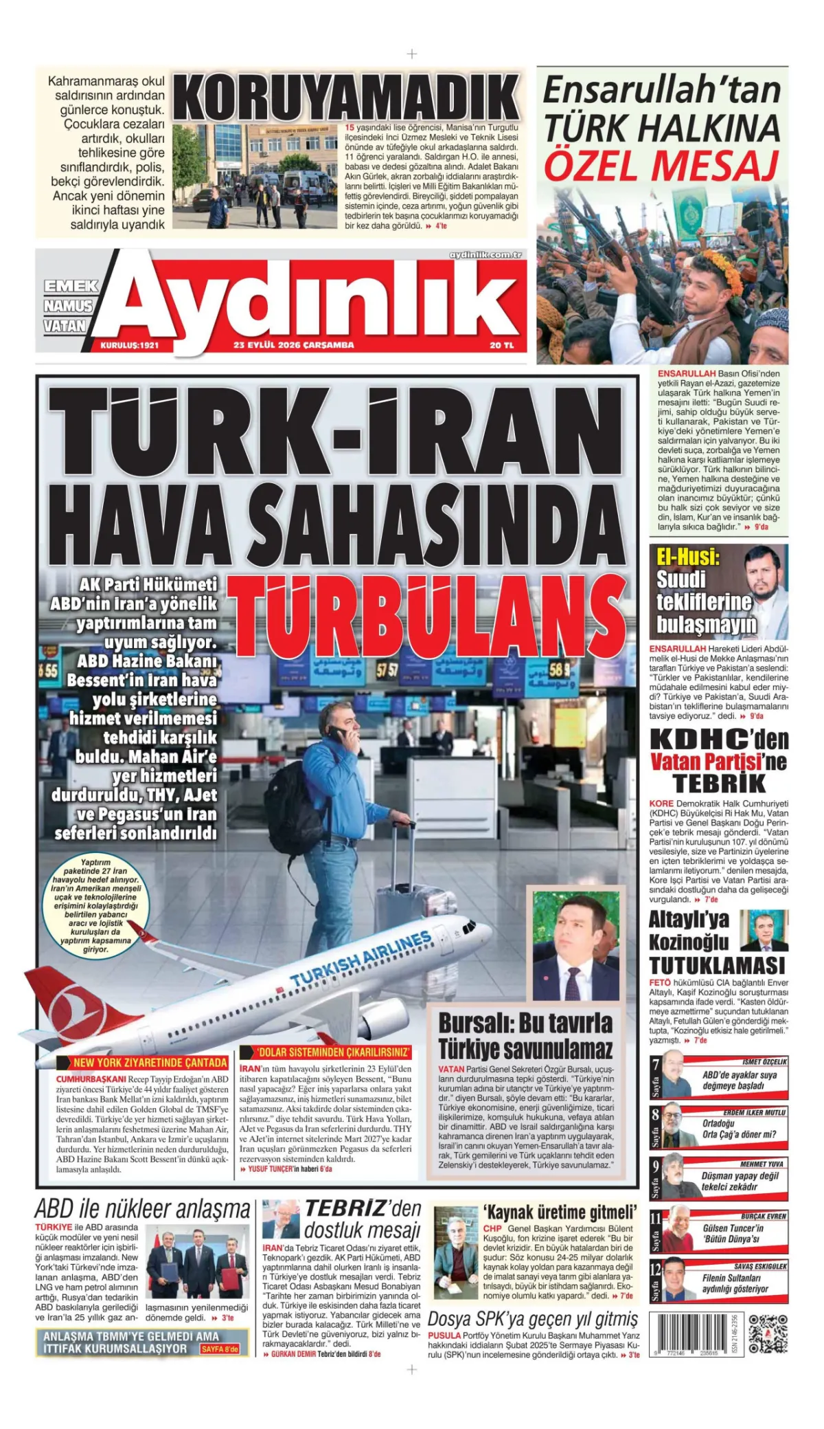 Aydınlık birinci sayfa manşeti (24 Eylül 2026)