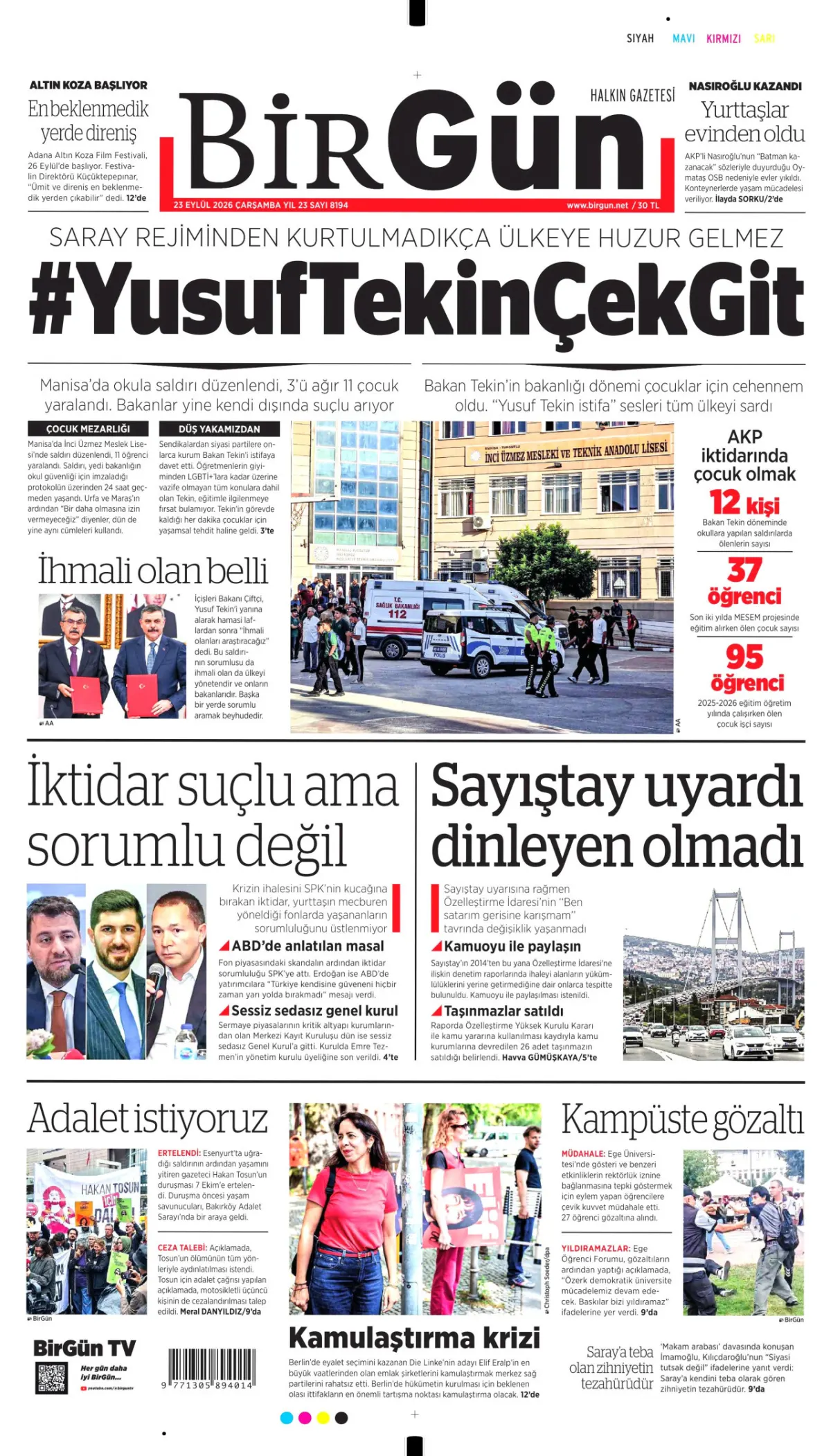 BirGün birinci sayfa manşeti (24 Eylül 2026)