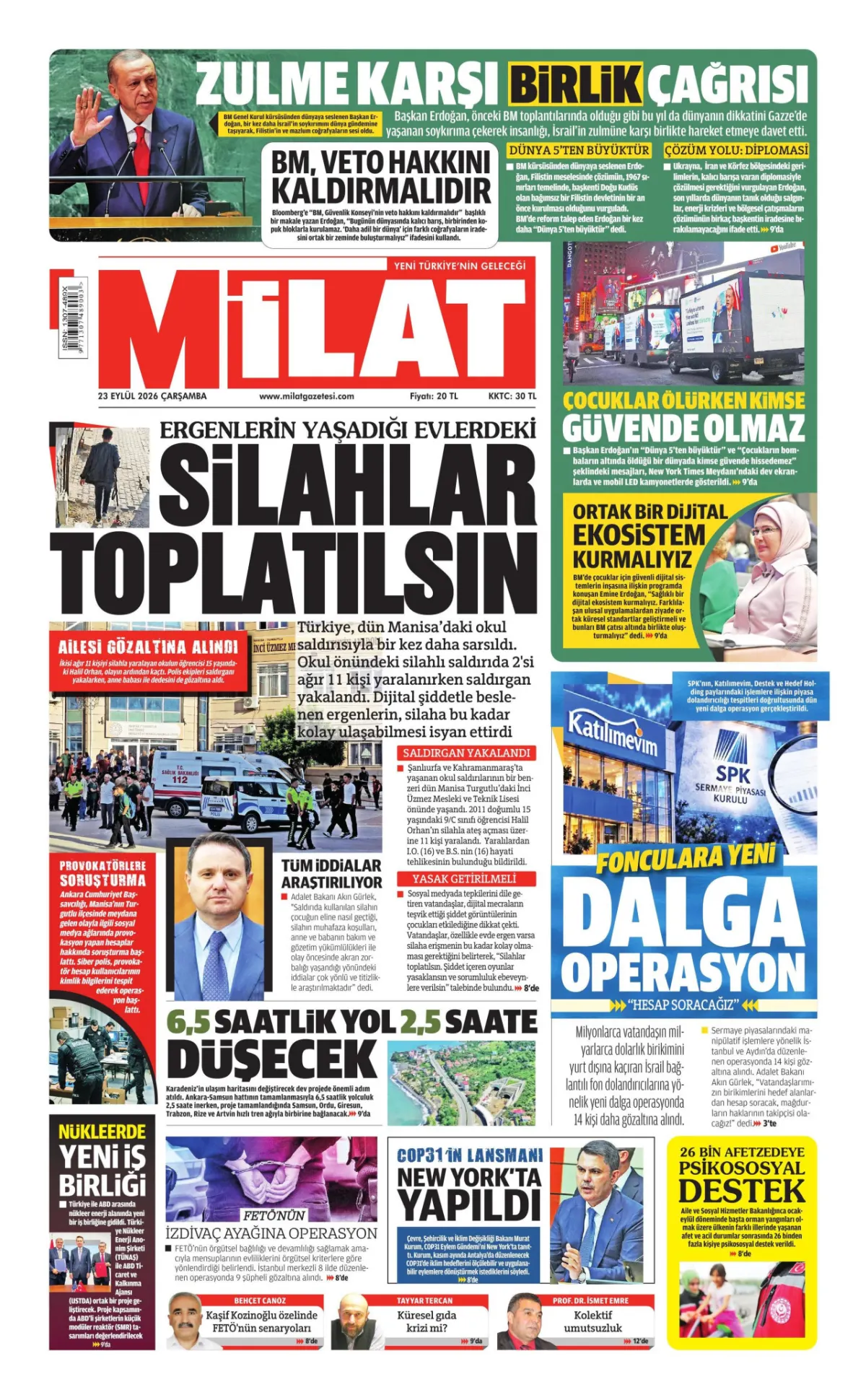 Milat birinci sayfa manşeti (24 Eylül 2026)