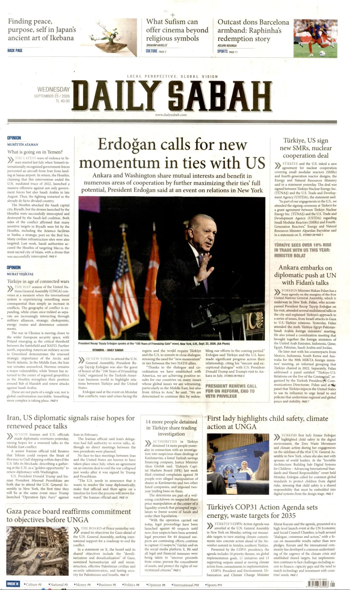 Daily Sabah birinci sayfa manşeti (24 Eylül 2026)