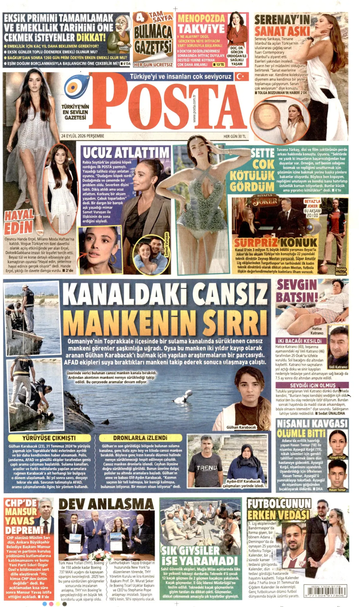 Posta birinci sayfa manşeti (24 Eylül 2026)