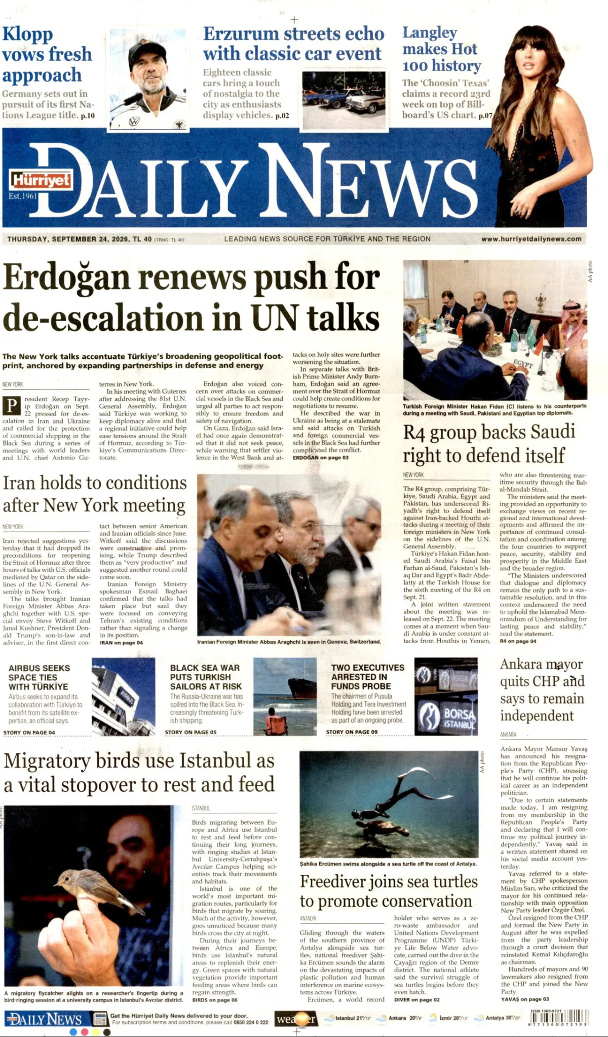 Hürriyet Daily News birinci sayfa manşeti (24 Eylül 2026)
