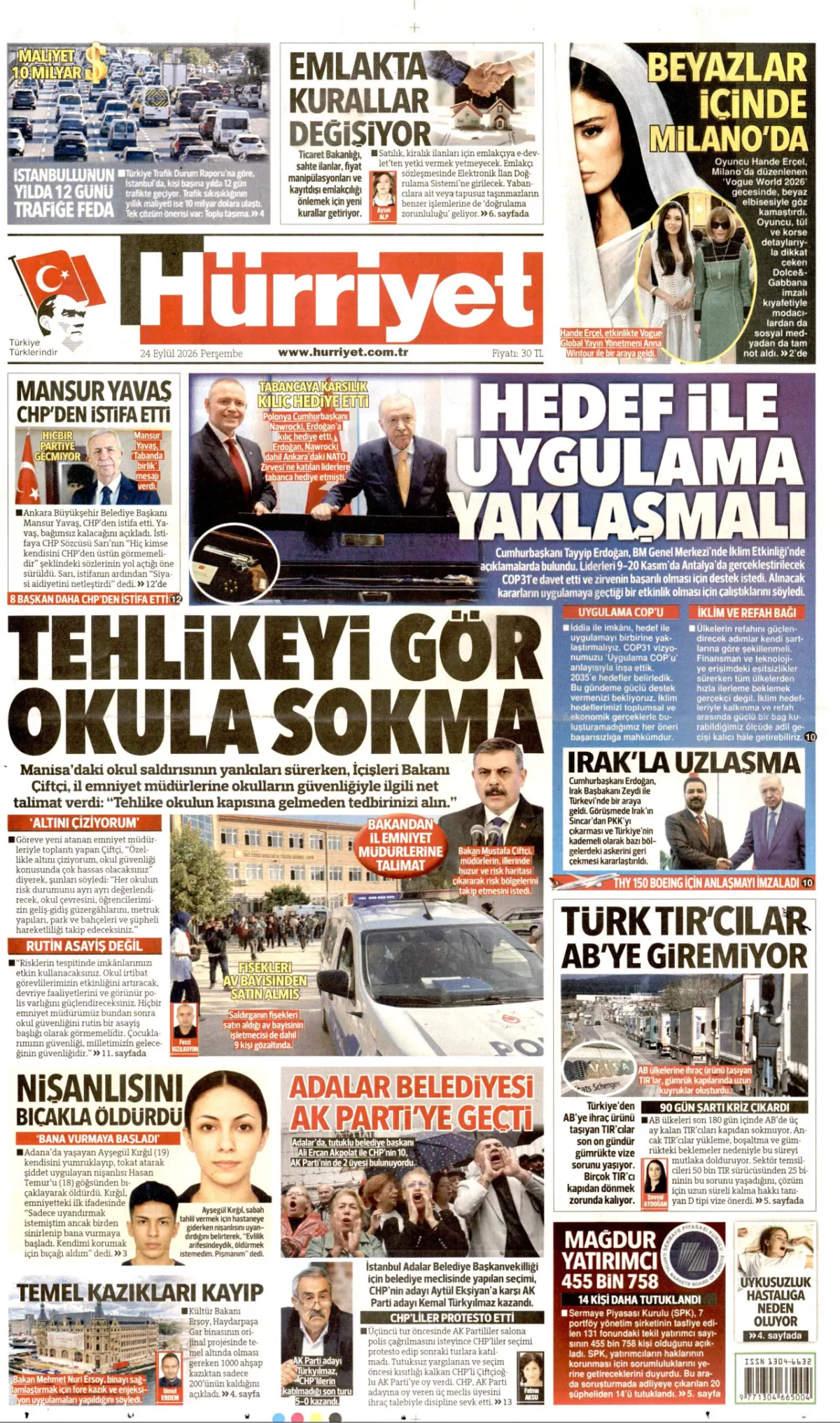 Hürriyet birinci sayfa manşeti (25 Eylül 2026)