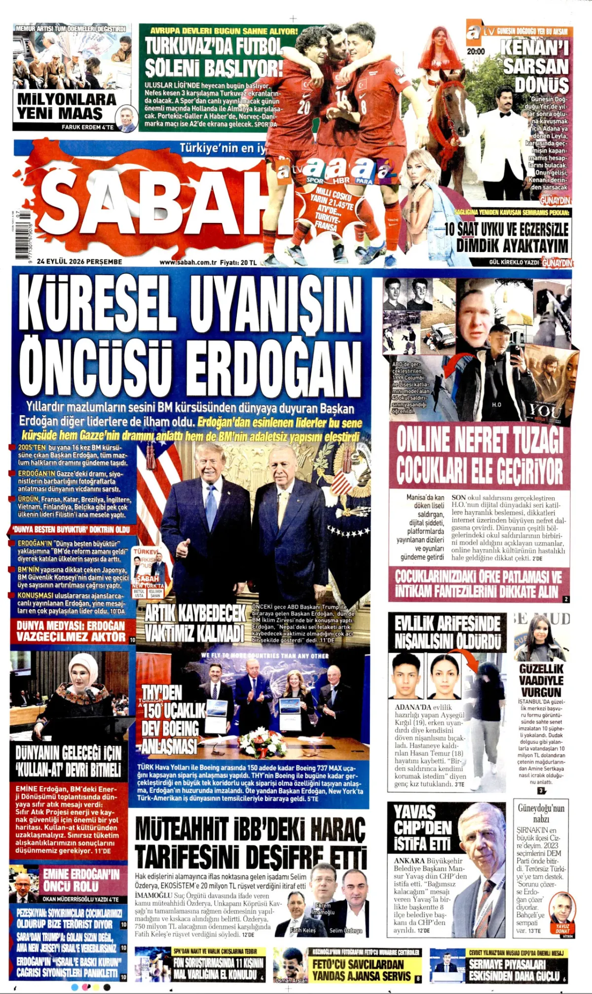 Sabah birinci sayfa manşeti (25 Eylül 2026)