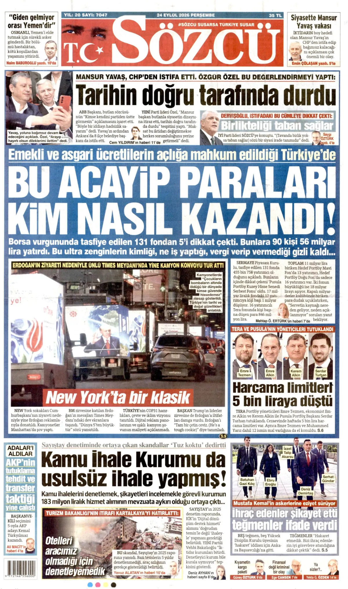 Sözcü birinci sayfa manşeti (25 Eylül 2026)