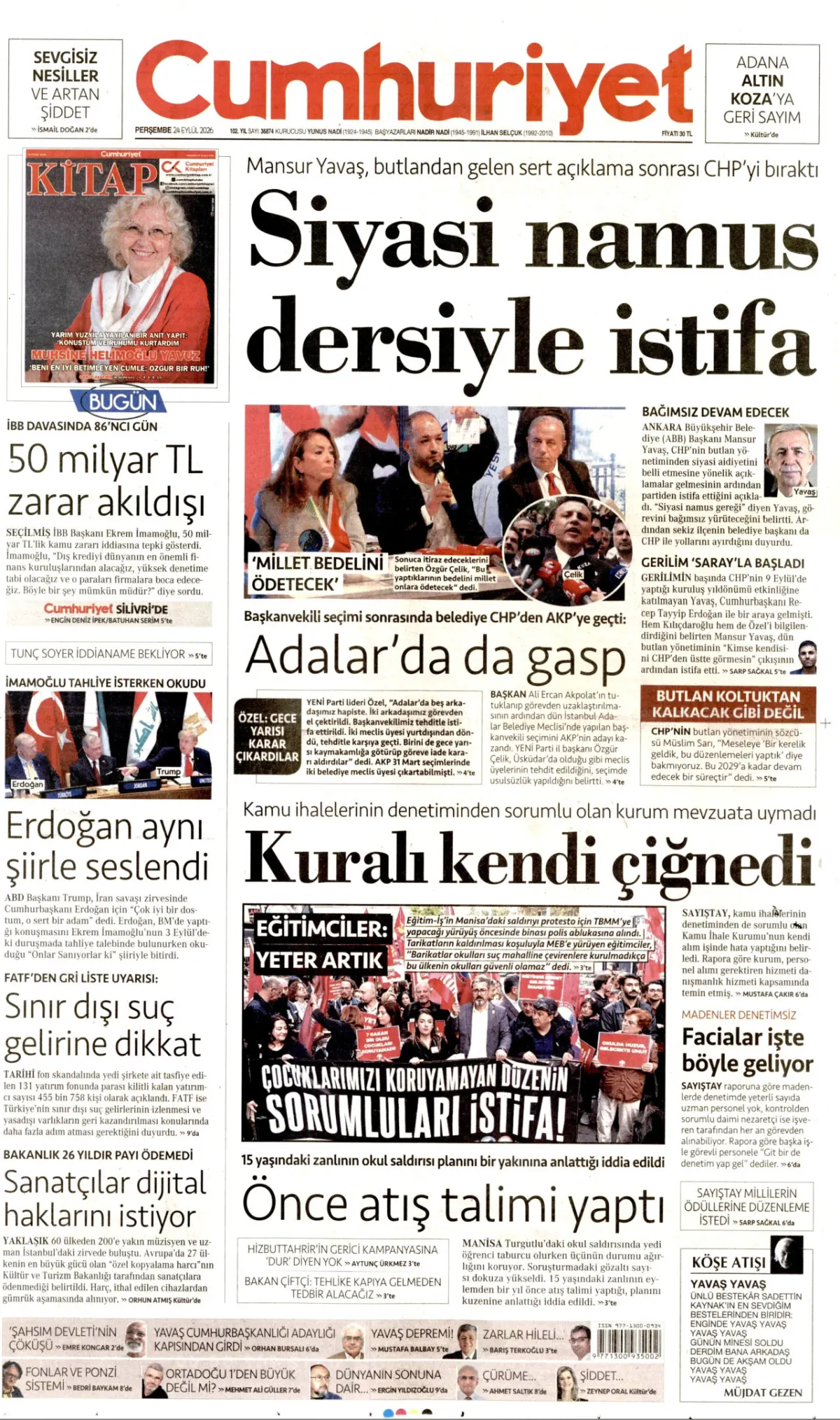 Cumhuriyet birinci sayfa manşeti (25 Eylül 2026)