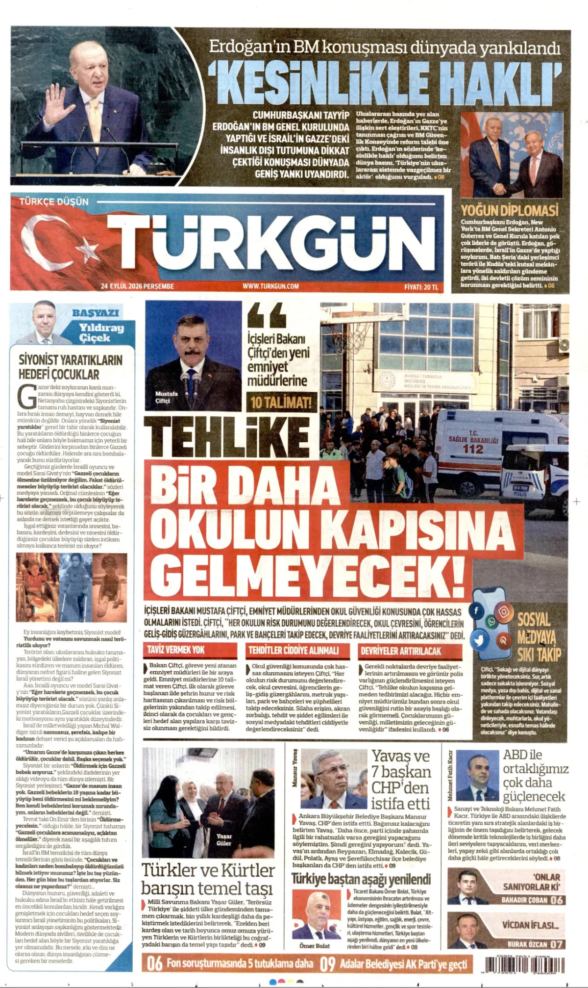 Türkgün birinci sayfa manşeti (25 Eylül 2026)