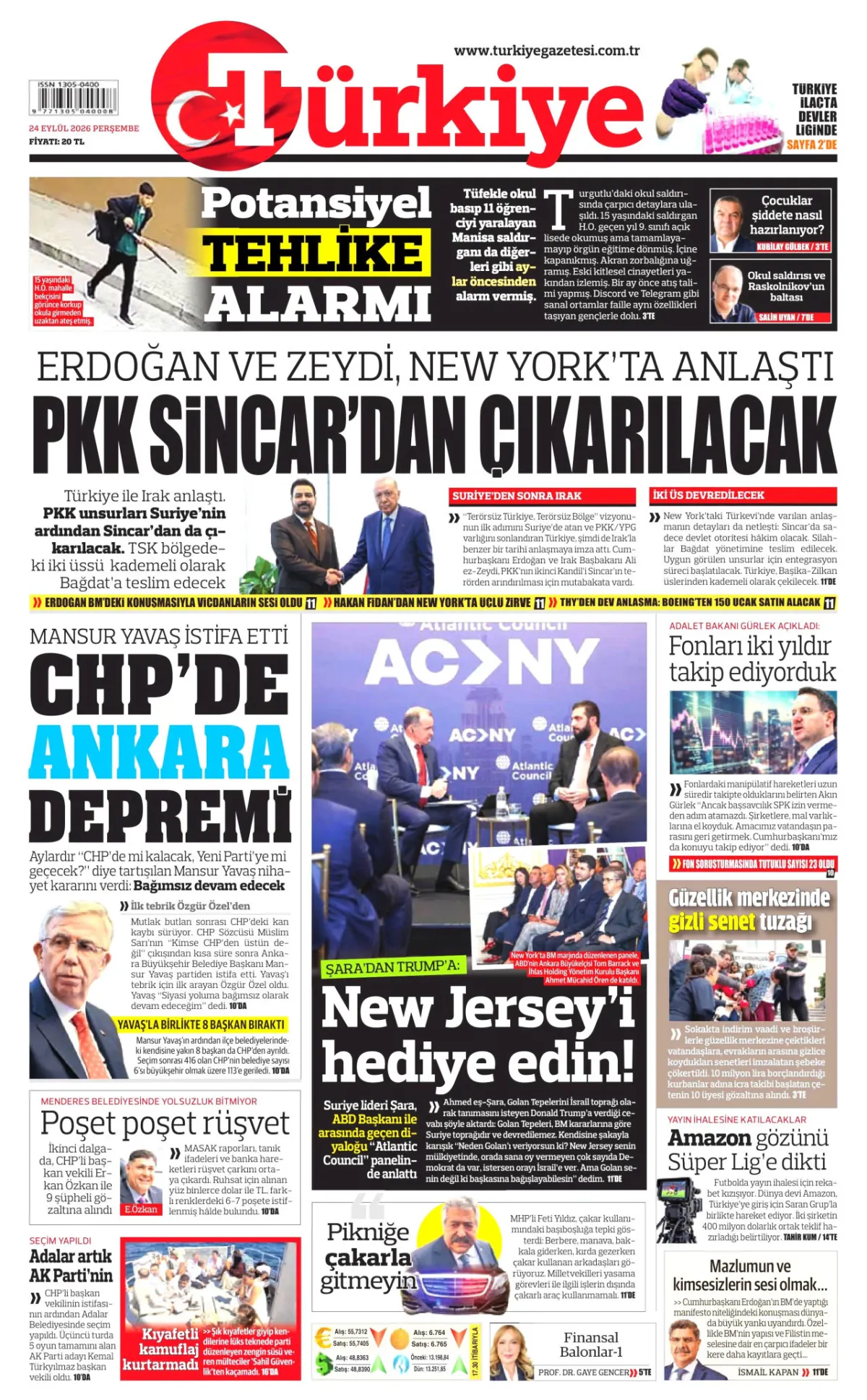Türkiye birinci sayfa manşeti (25 Eylül 2026)