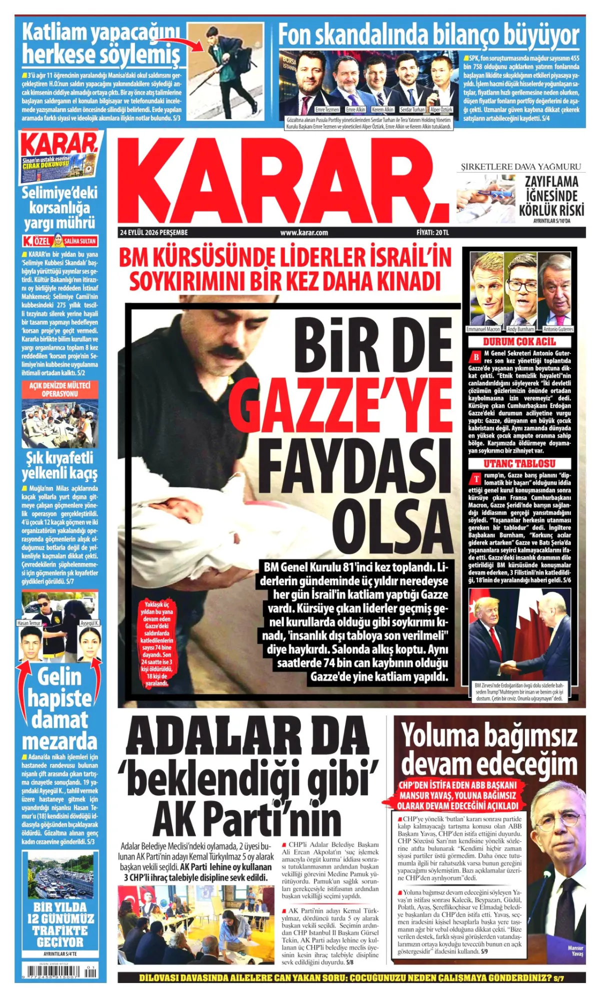 Karar birinci sayfa manşeti (25 Eylül 2026)