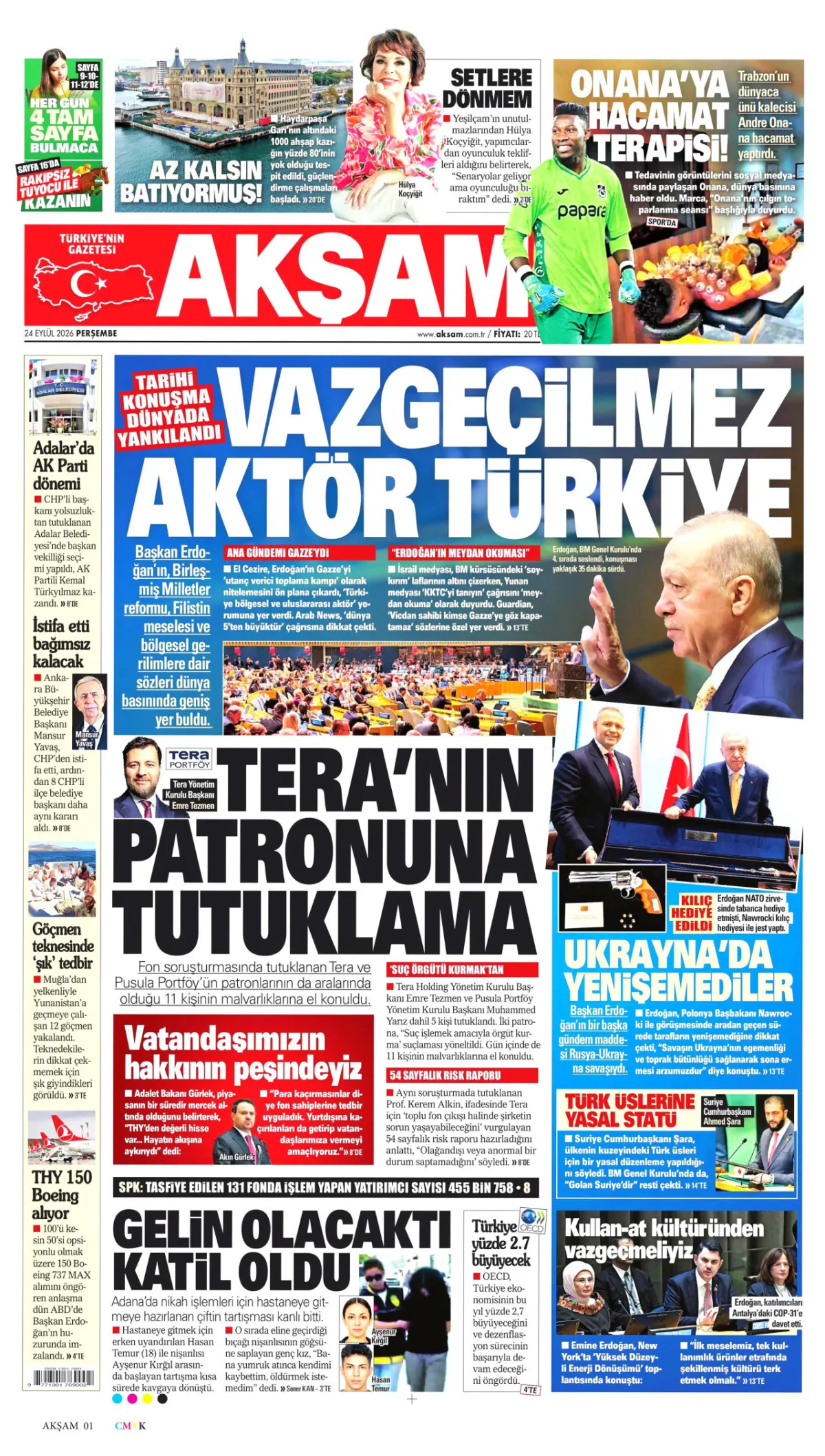 Akşam birinci sayfa manşeti (25 Eylül 2026)