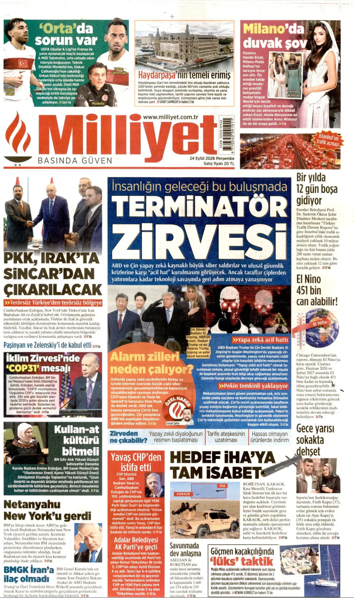 Milliyet birinci sayfa manşeti (25 Eylül 2026)
