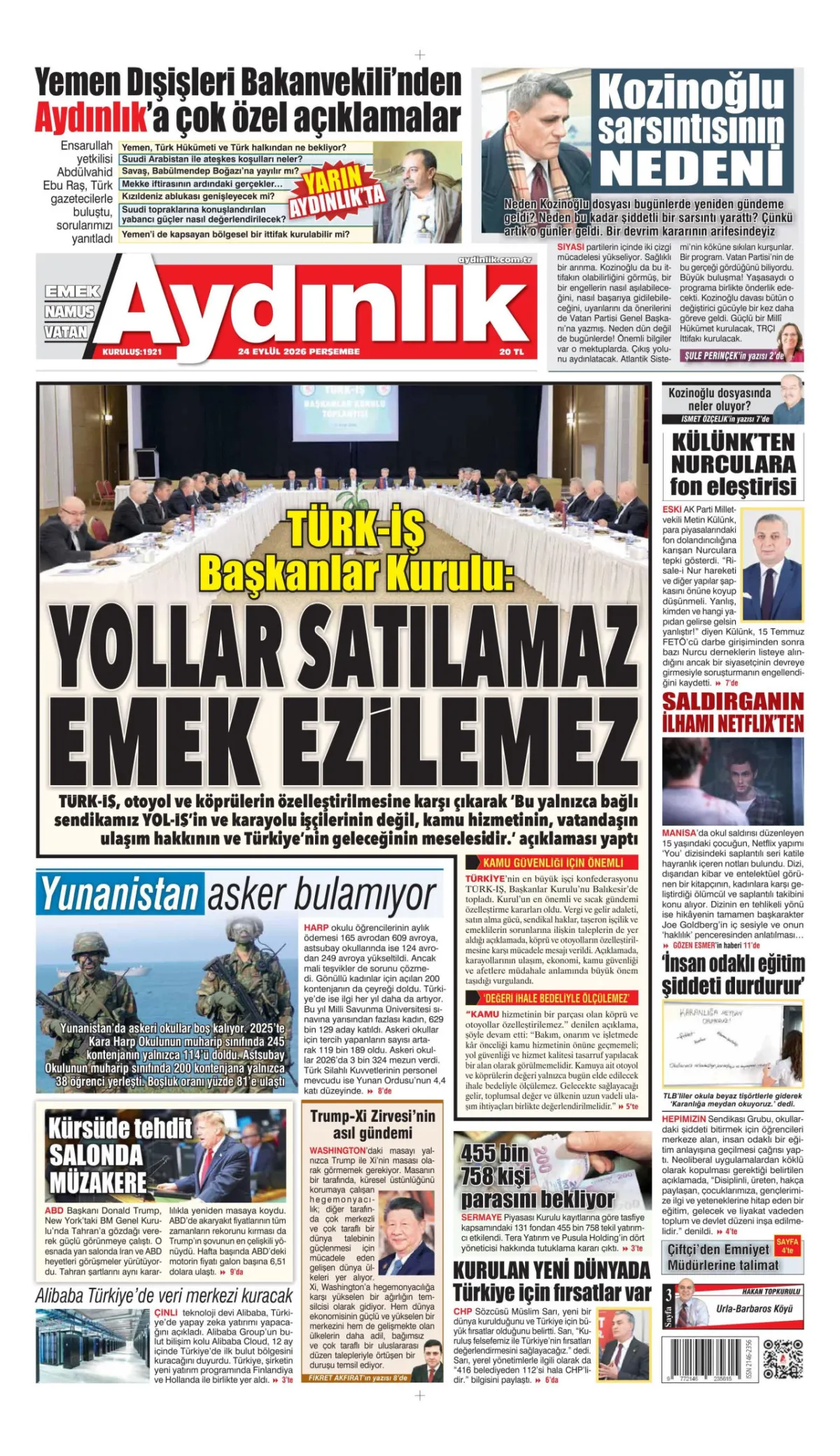 Aydınlık birinci sayfa manşeti (25 Eylül 2026)