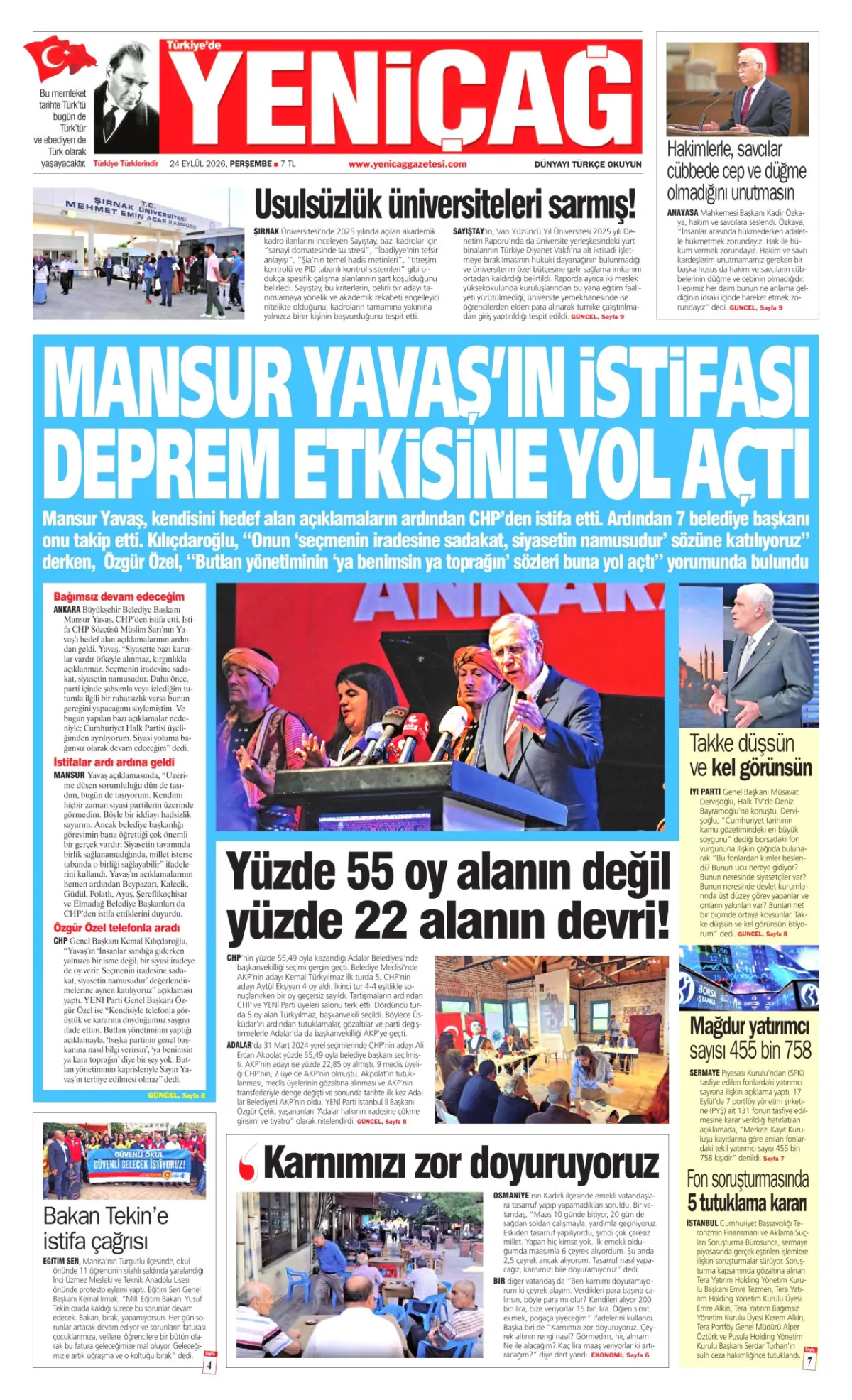 Yeniçağ birinci sayfa manşeti (25 Eylül 2026)