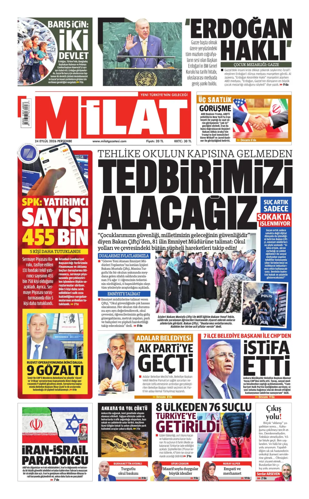 Milat birinci sayfa manşeti (25 Eylül 2026)