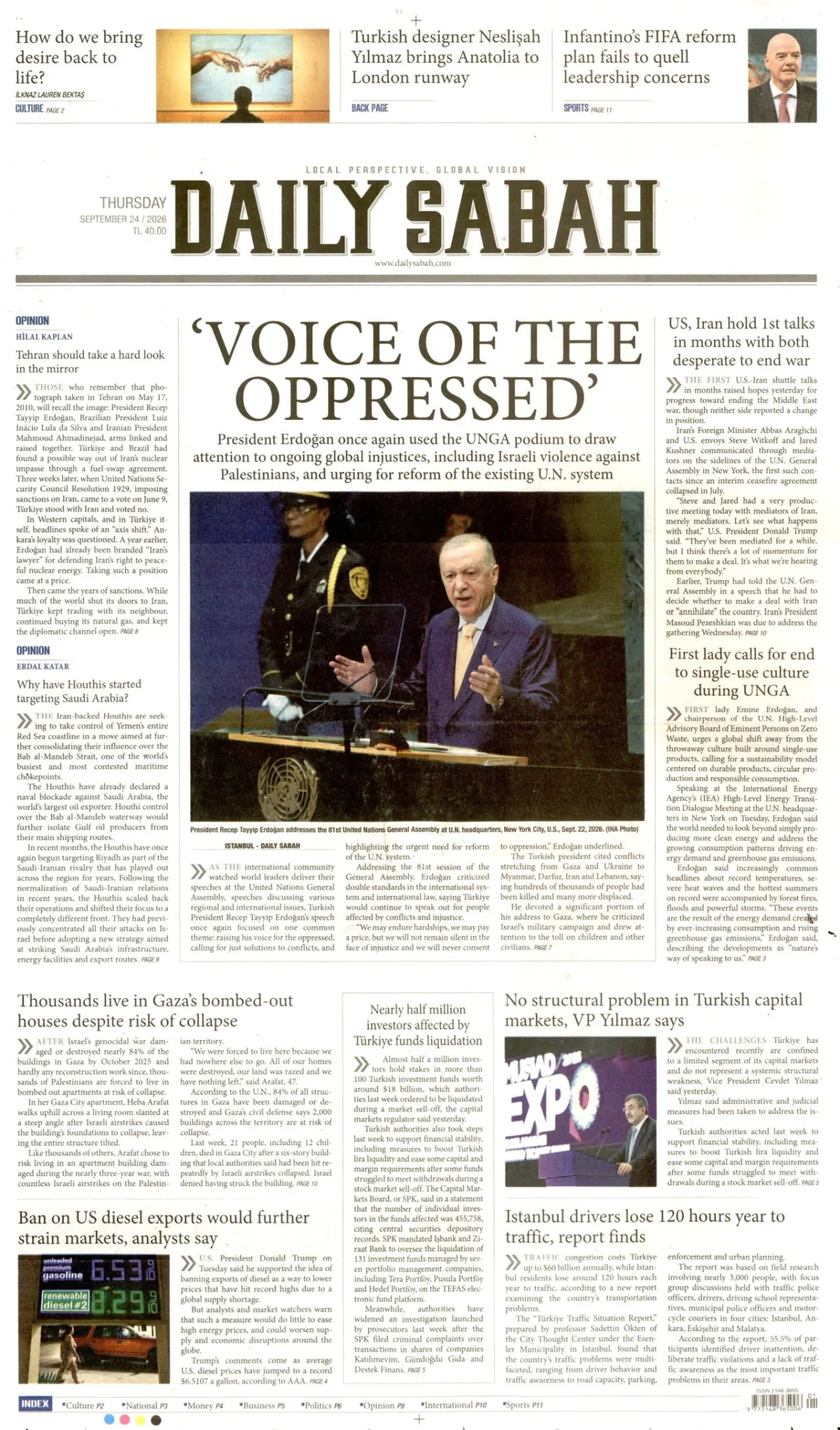 Daily Sabah birinci sayfa manşeti (25 Eylül 2026)