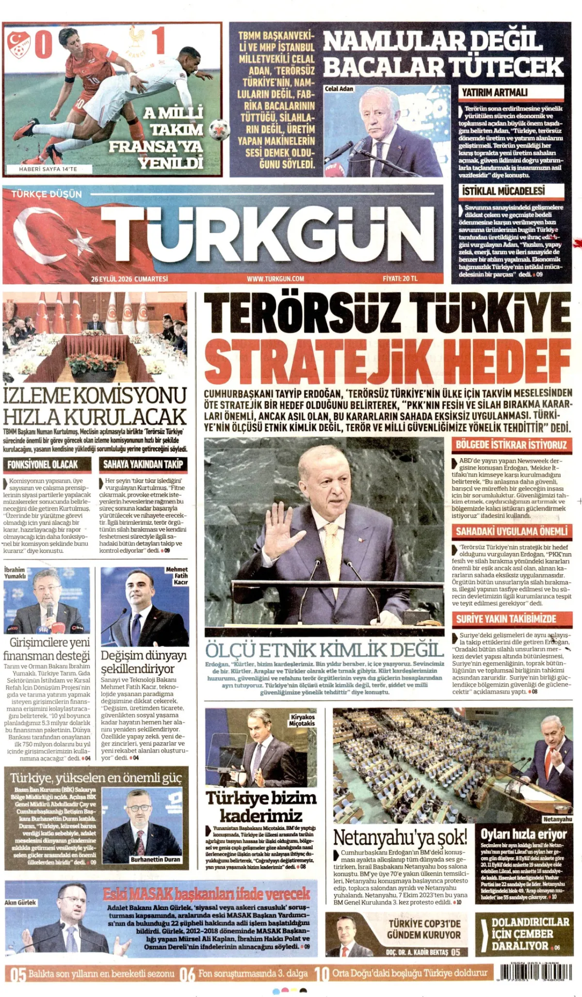 Türkgün birinci sayfa manşeti (26 Eylül 2026)