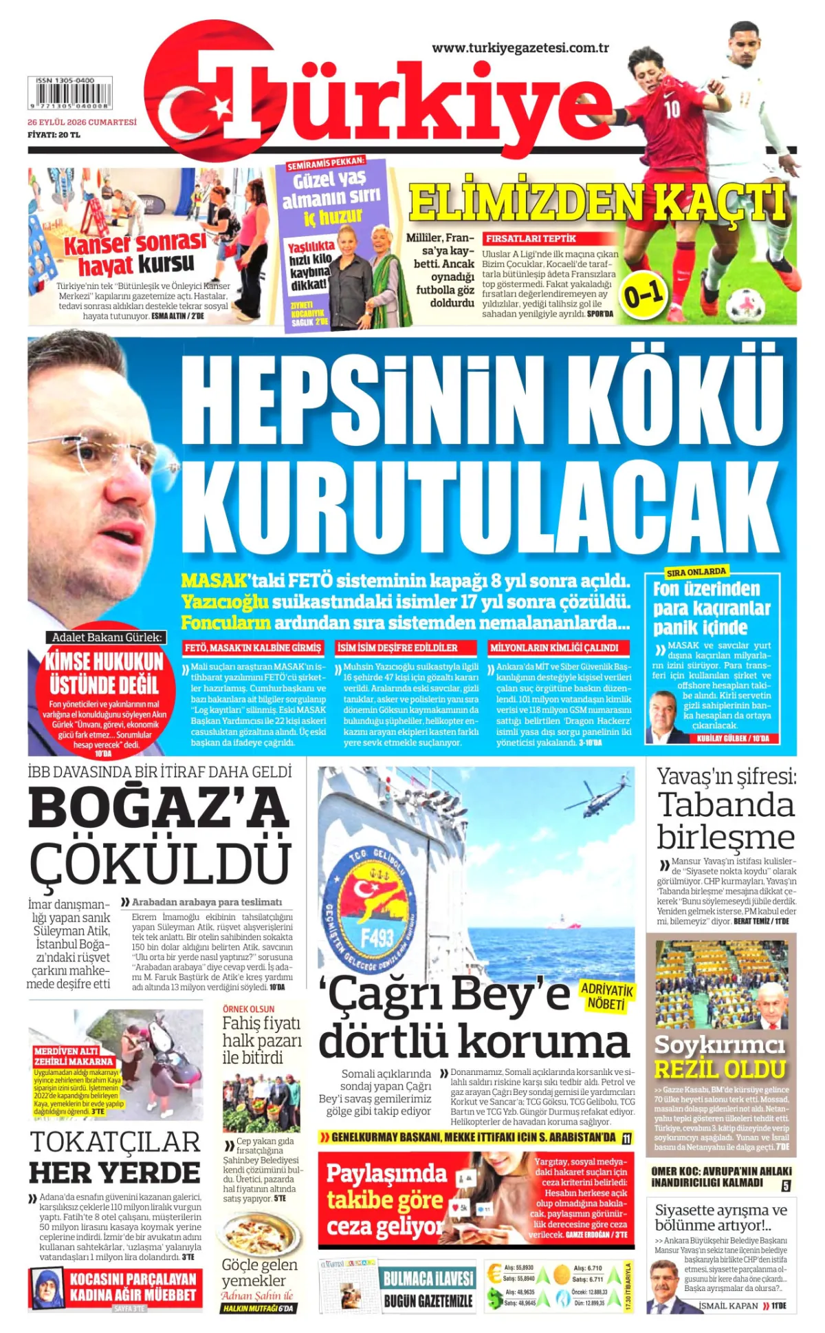 Türkiye birinci sayfa manşeti (26 Eylül 2026)