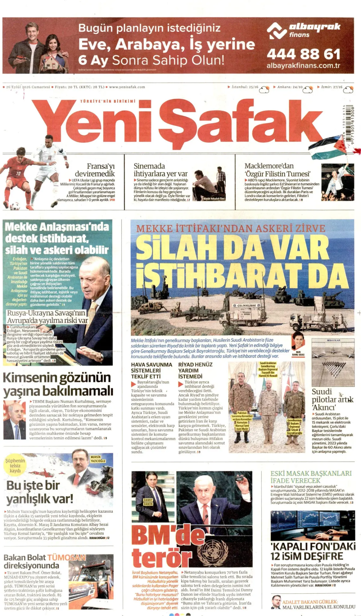Yeni Şafak birinci sayfa manşeti (26 Eylül 2026)