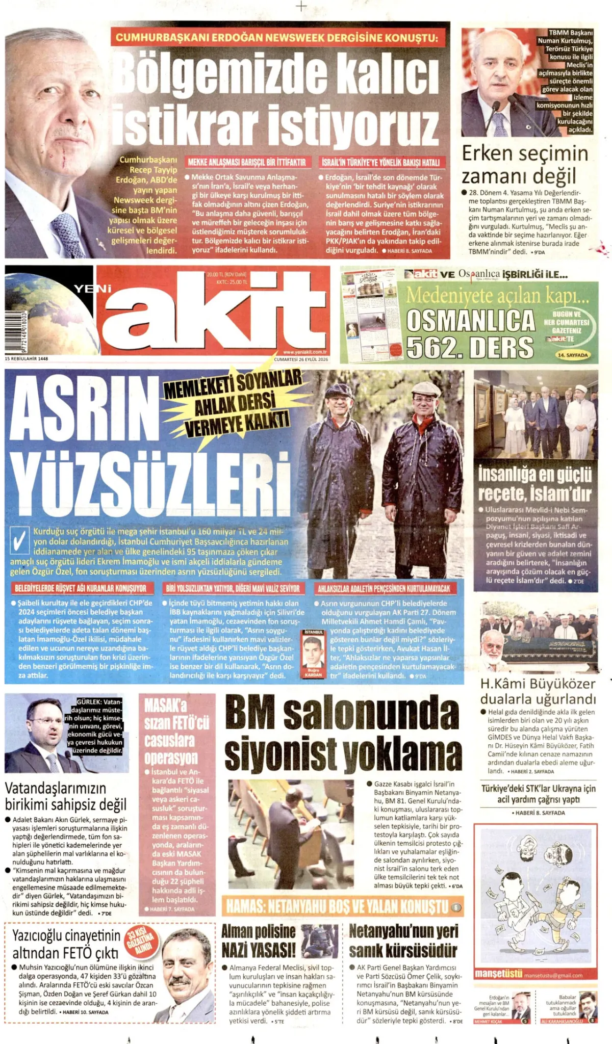 Yeni Akit birinci sayfa manşeti (26 Eylül 2026)