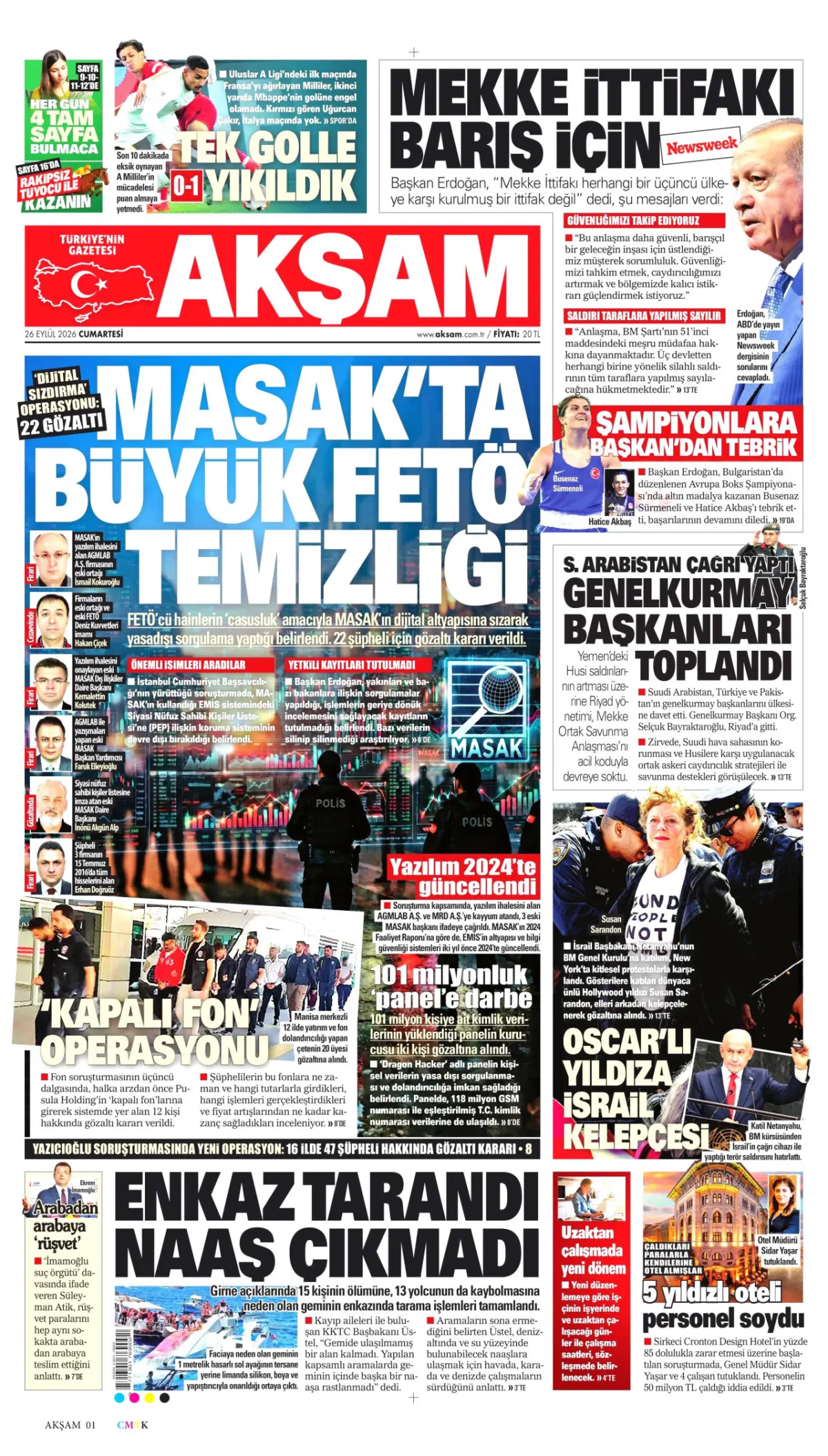 Akşam birinci sayfa manşeti (26 Eylül 2026)