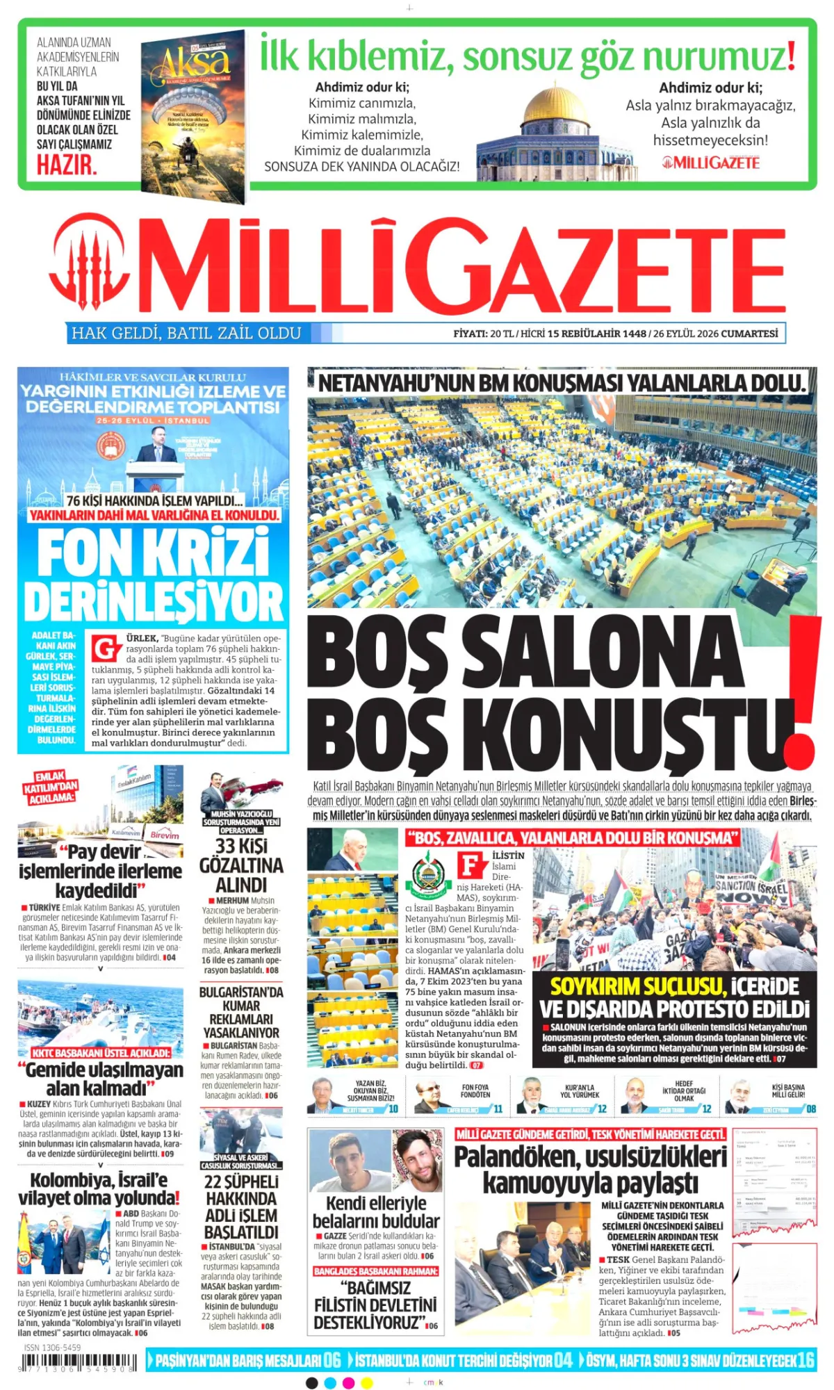 Milli birinci sayfa manşeti (26 Eylül 2026)