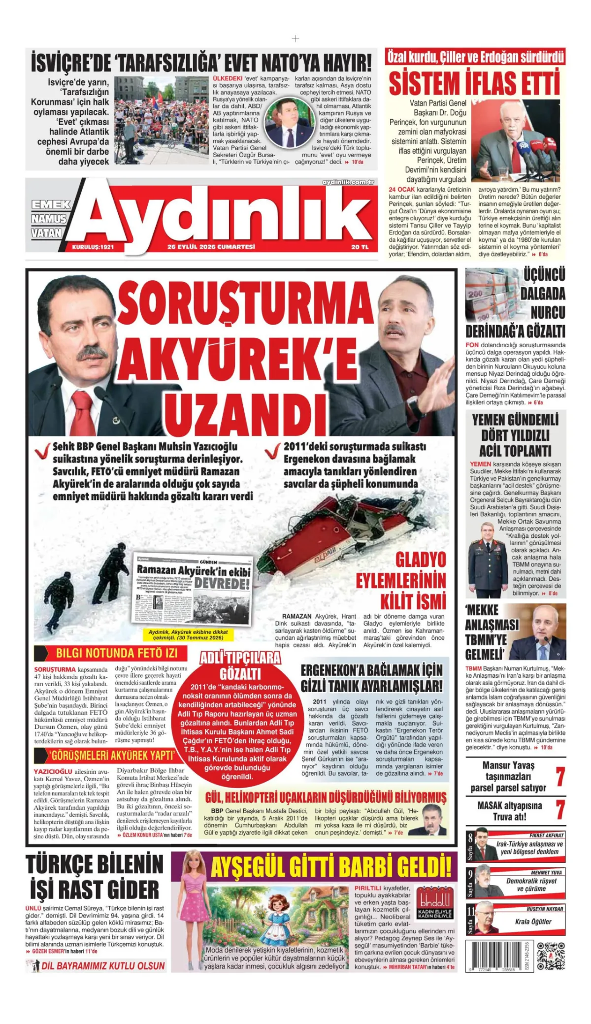 Aydınlık birinci sayfa manşeti (26 Eylül 2026)