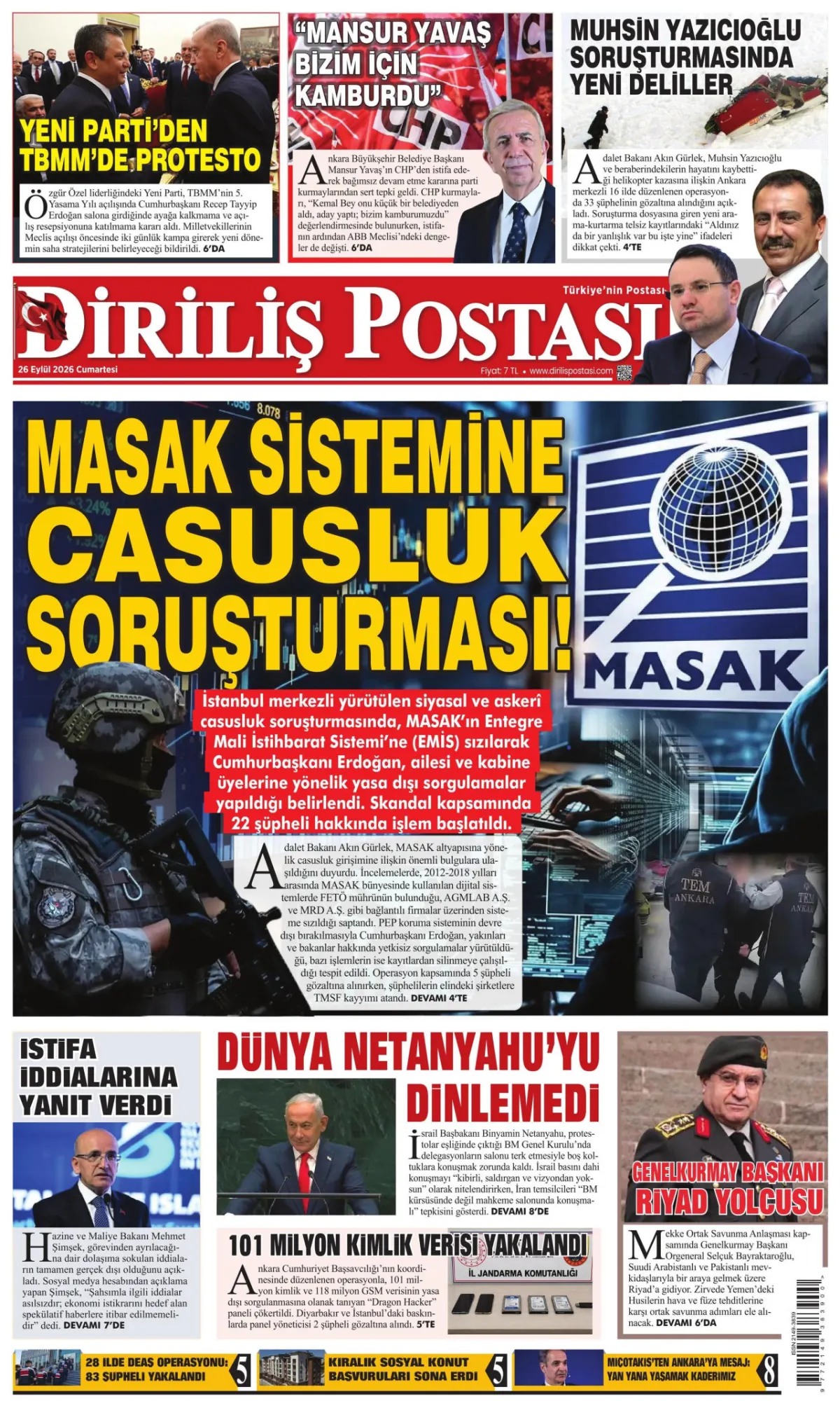 Diriliş Postası birinci sayfa manşeti (26 Eylül 2026)