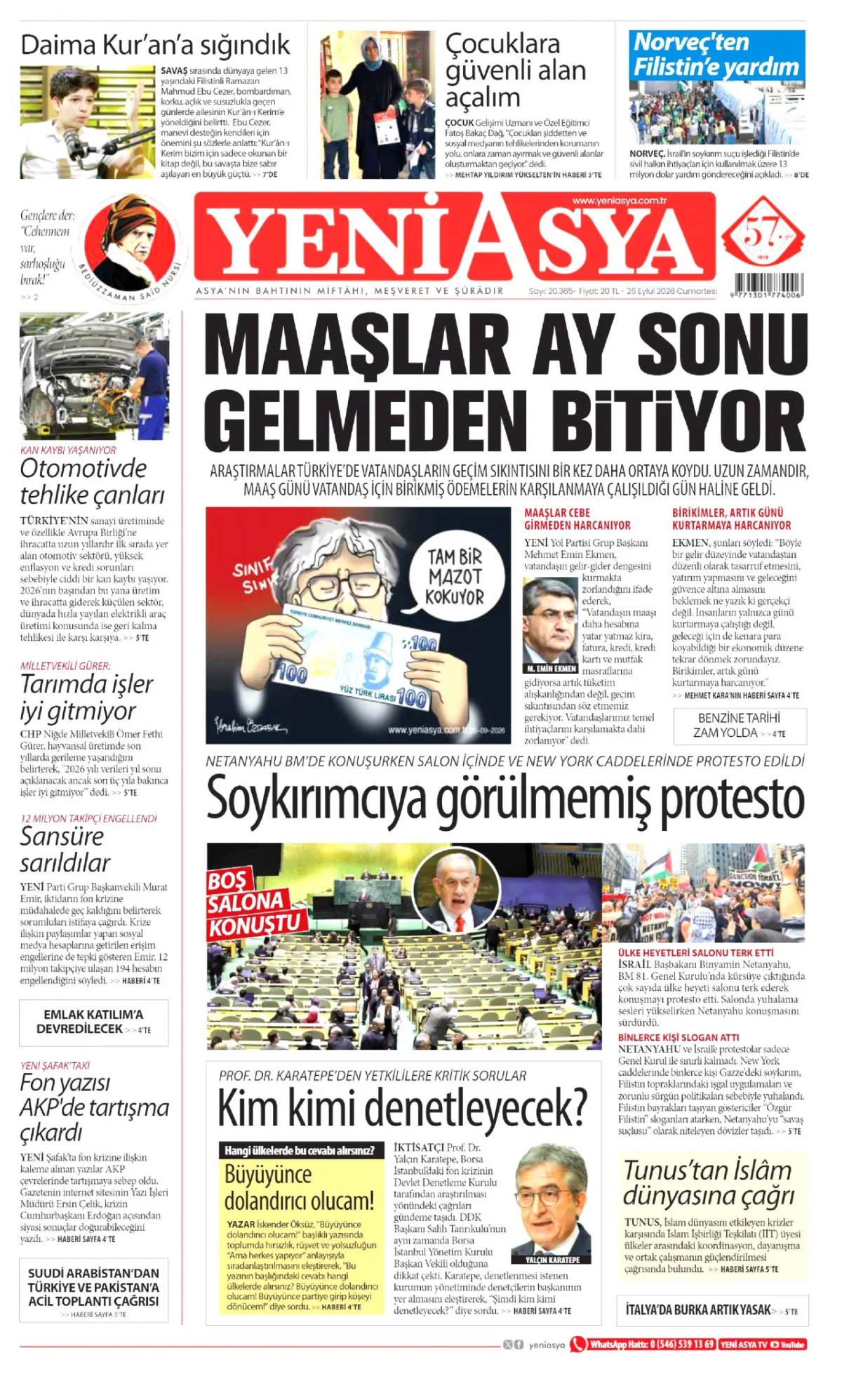 Yeni Asya birinci sayfa manşeti (26 Eylül 2026)