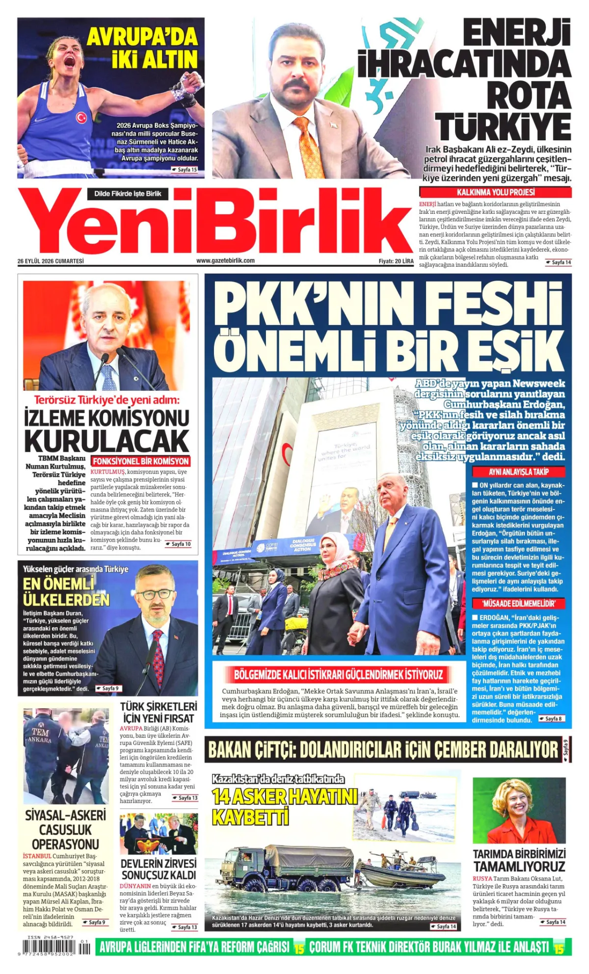 YeniBirlik birinci sayfa manşeti (26 Eylül 2026)
