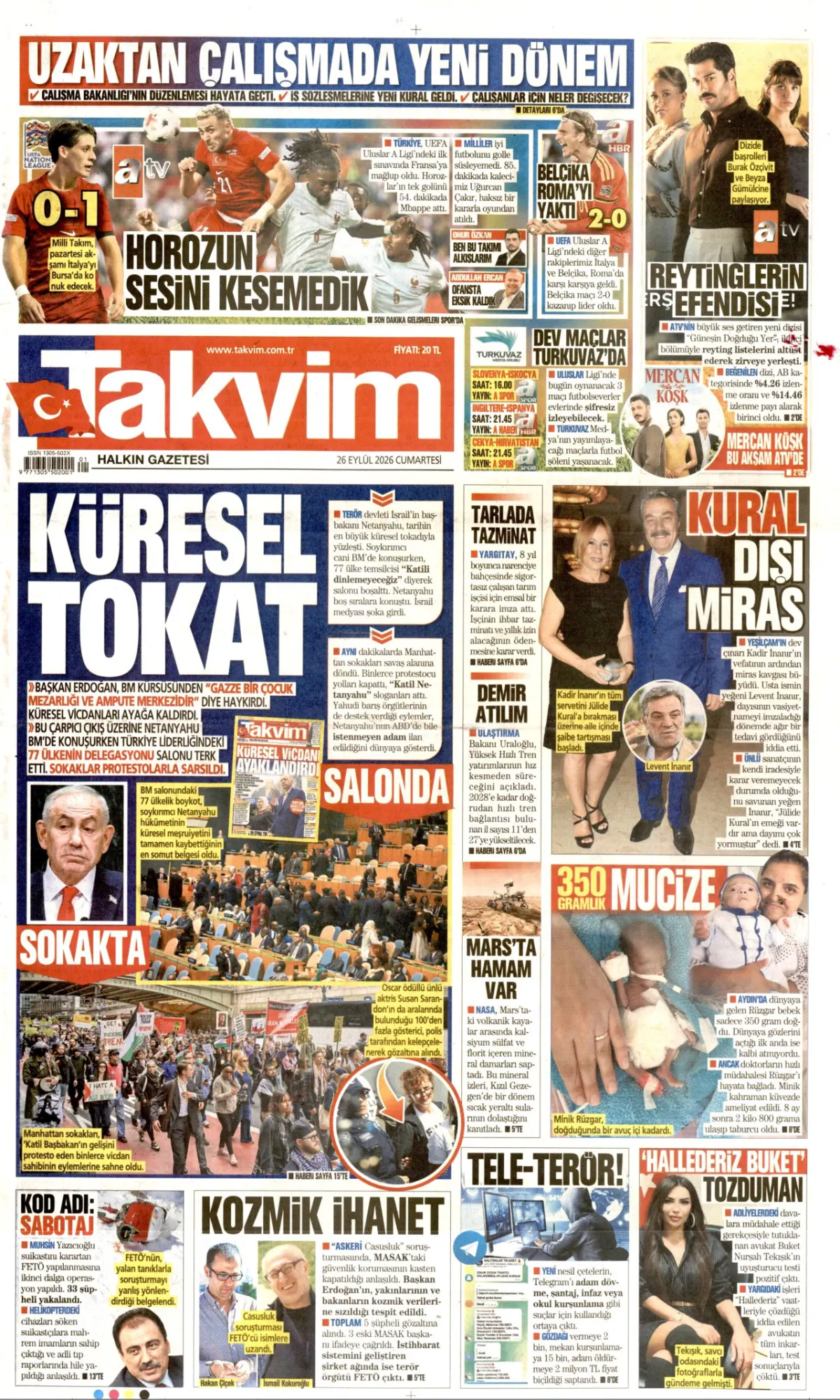 Takvim birinci sayfa manşeti (26 Eylül 2026)