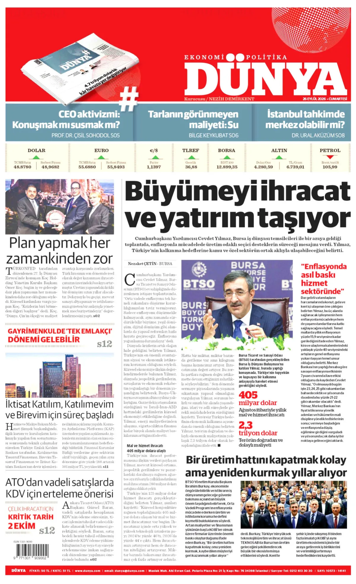 Dünya birinci sayfa manşeti (26 Eylül 2026)