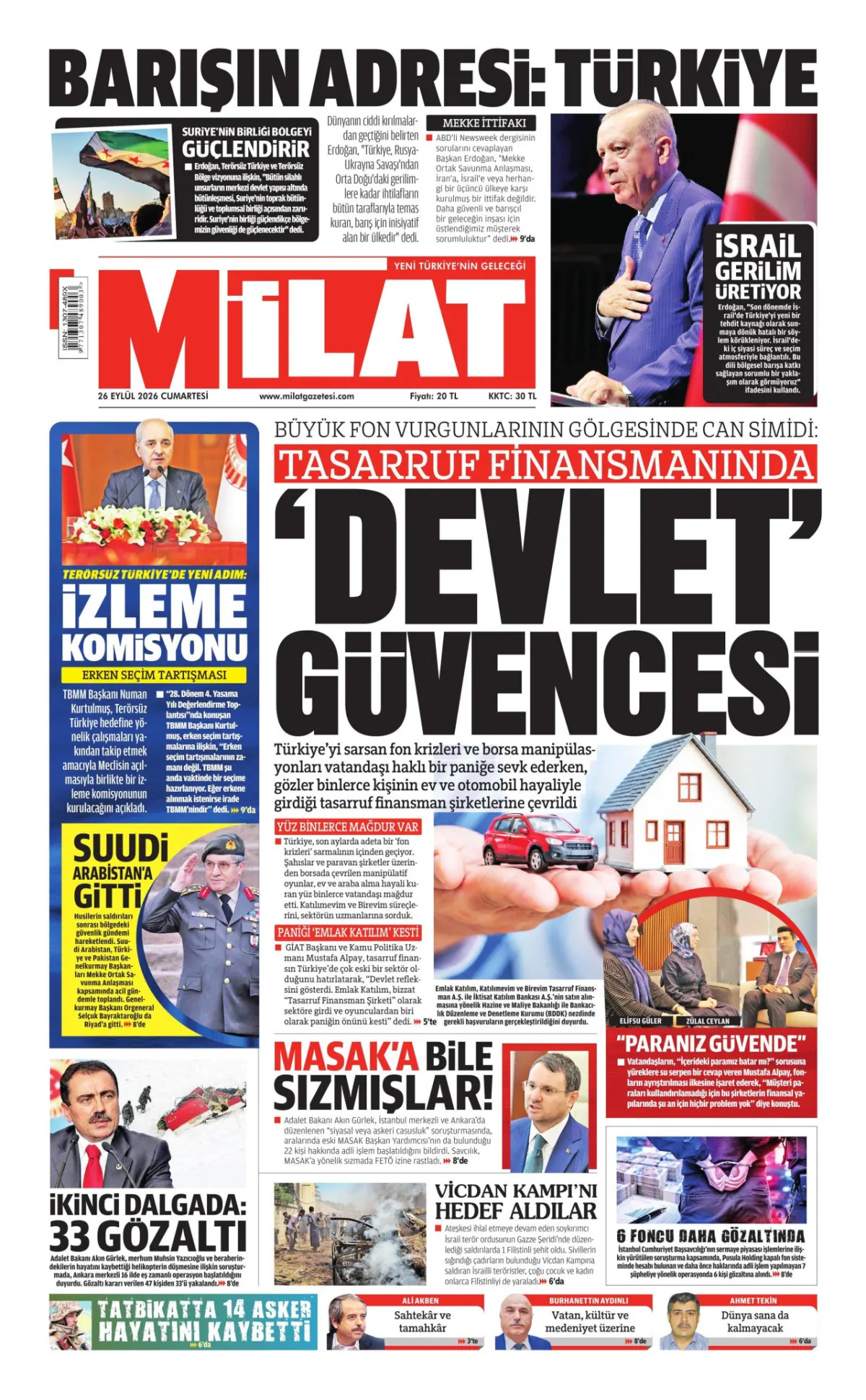 Milat birinci sayfa manşeti (26 Eylül 2026)