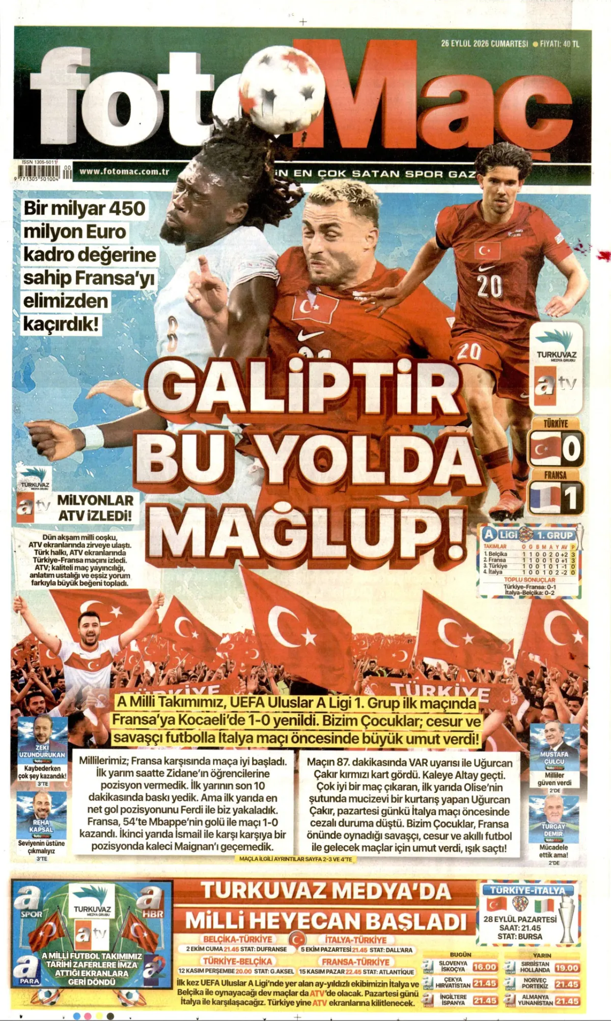 Fotomaç birinci sayfa manşeti (26 Eylül 2026)