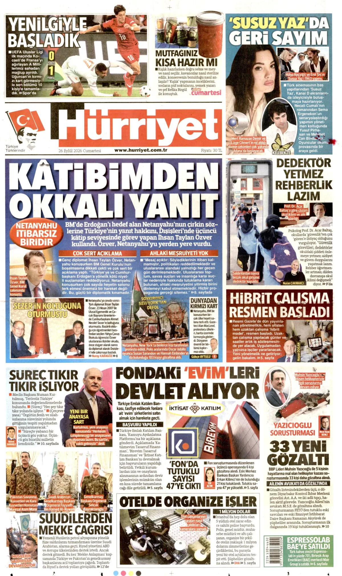Hürriyet birinci sayfa manşeti (27 Eylül 2026)