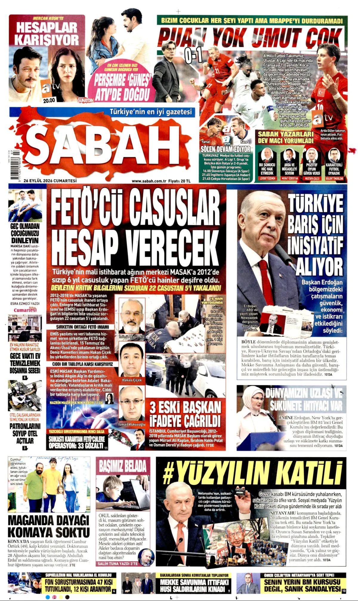 Sabah birinci sayfa manşeti (27 Eylül 2026)