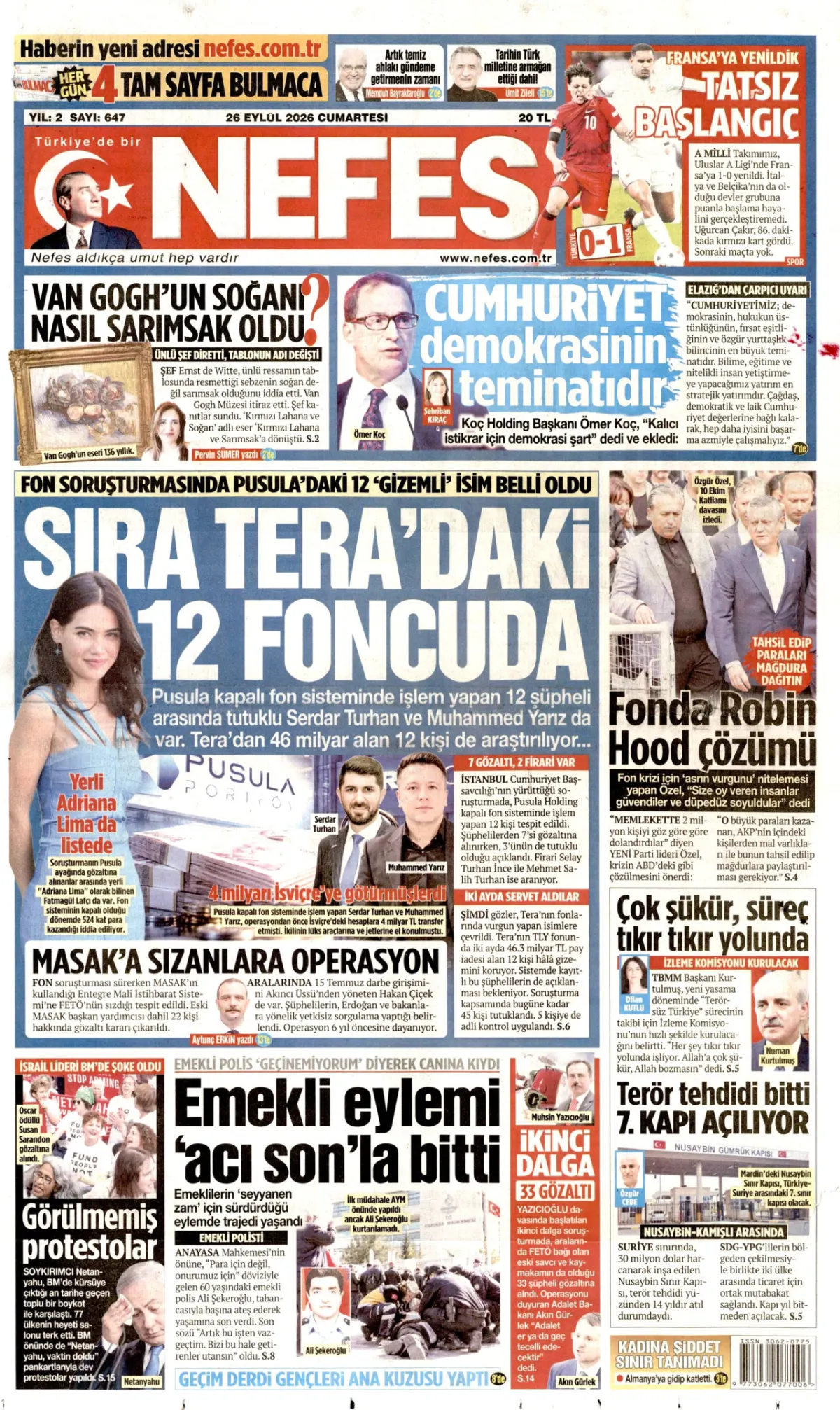 Nefes birinci sayfa manşeti (27 Eylül 2026)