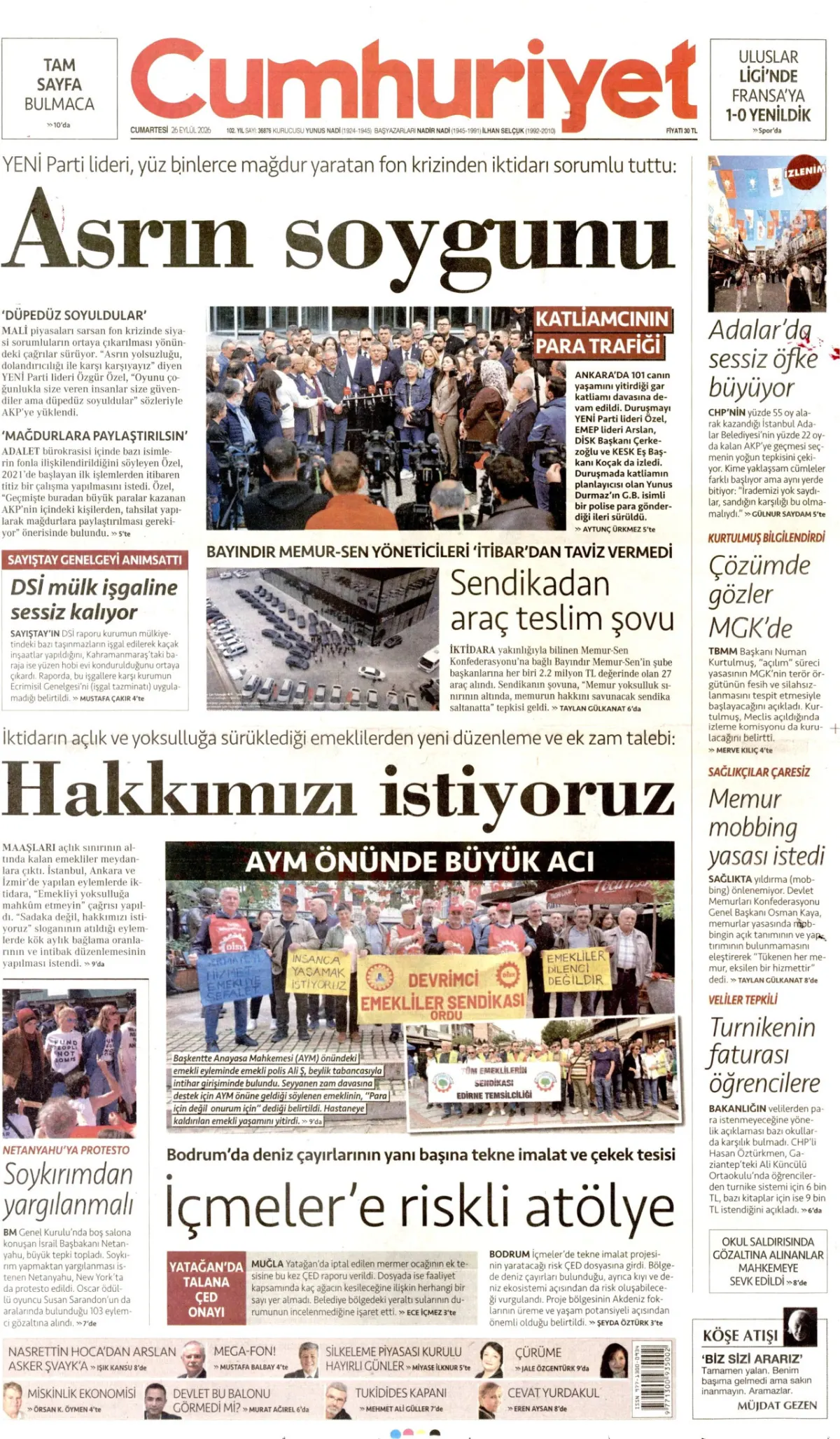 Cumhuriyet birinci sayfa manşeti (27 Eylül 2026)