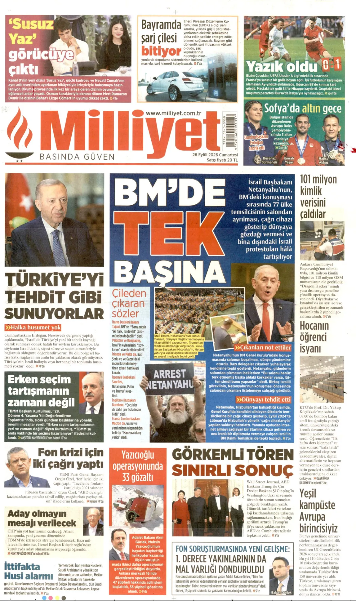 Milliyet birinci sayfa manşeti (27 Eylül 2026)